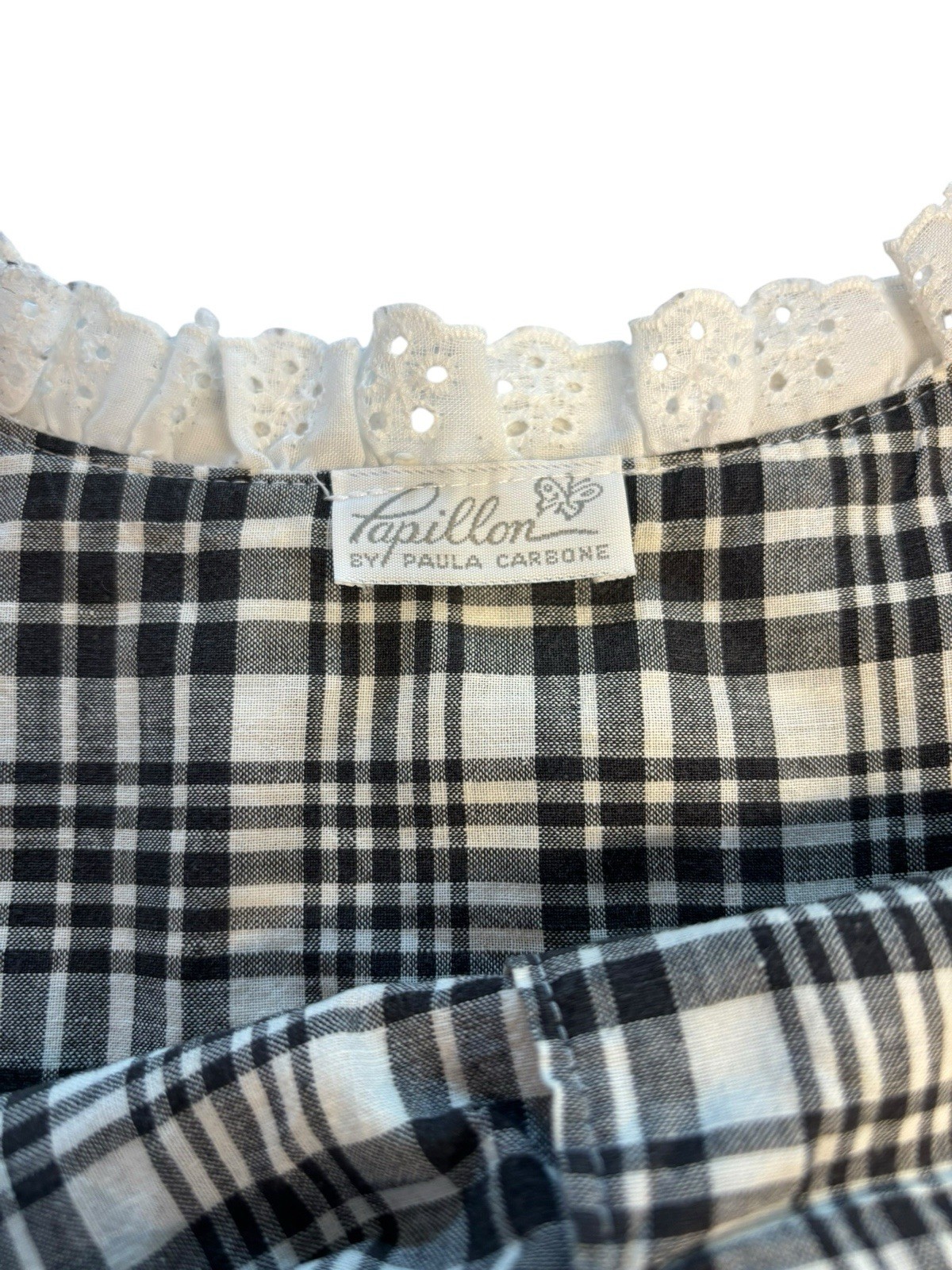 Vintage Papillon Paula Carbone Nightgown Black White Plaid Eyelet Cottagecore L