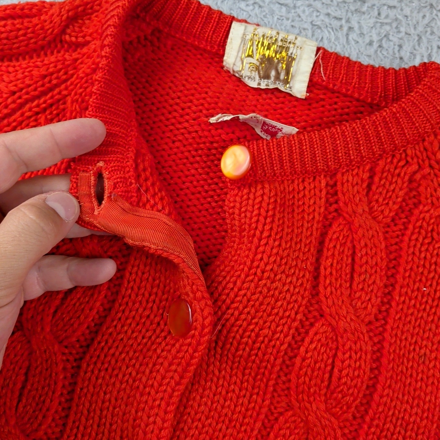 VTG 60s 70s Tami Sweater Womens Red Orange Cable Knit British Colony Hong Kong