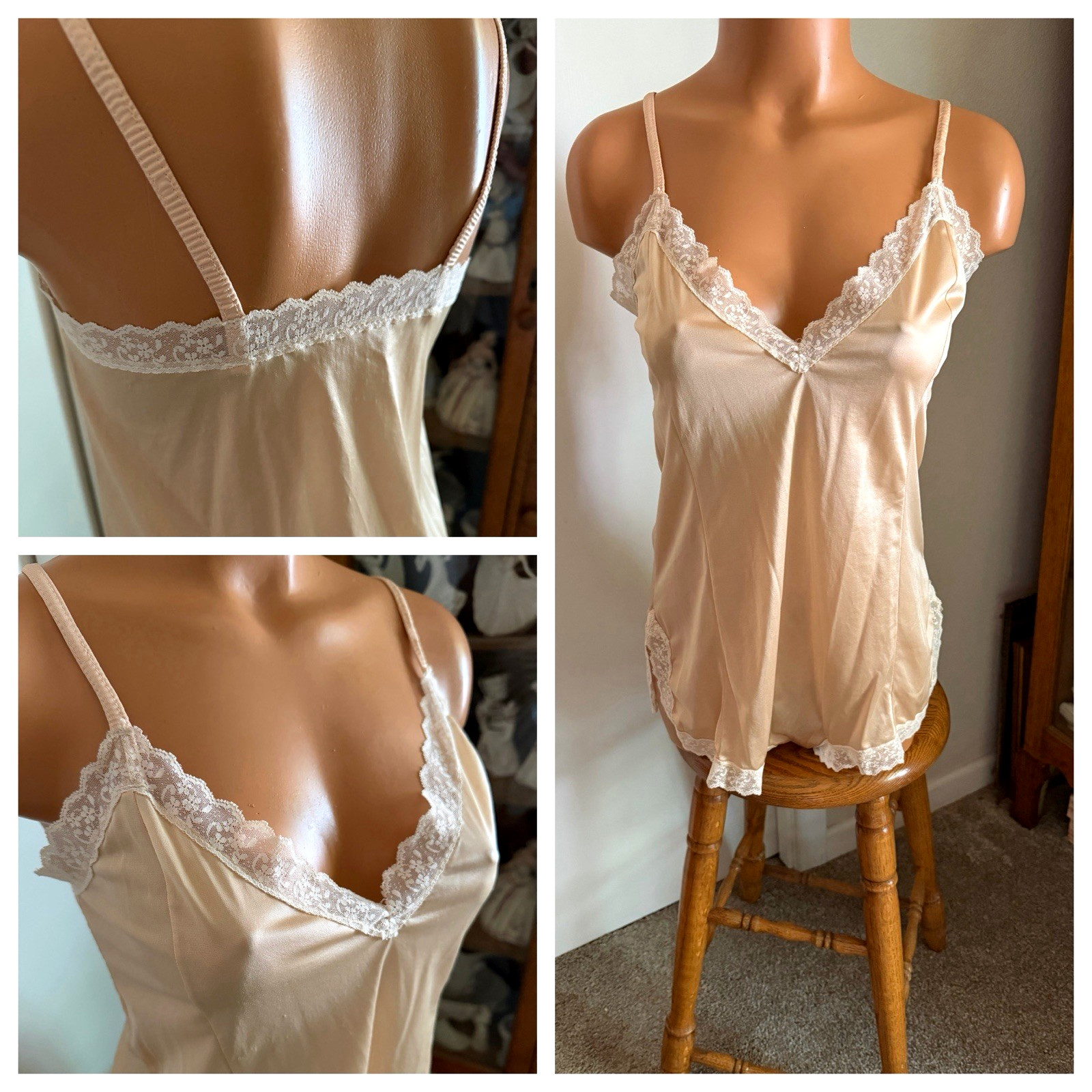 VTG 70’s HONEY BEIGE W/ LACE TRIM NYLON CAMISOLE SLIP USA SZ L