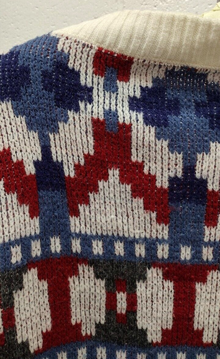 MCM Sweater Mid Century Holiday Burgundy Red White & Blues Mod Mock Neck Crew
