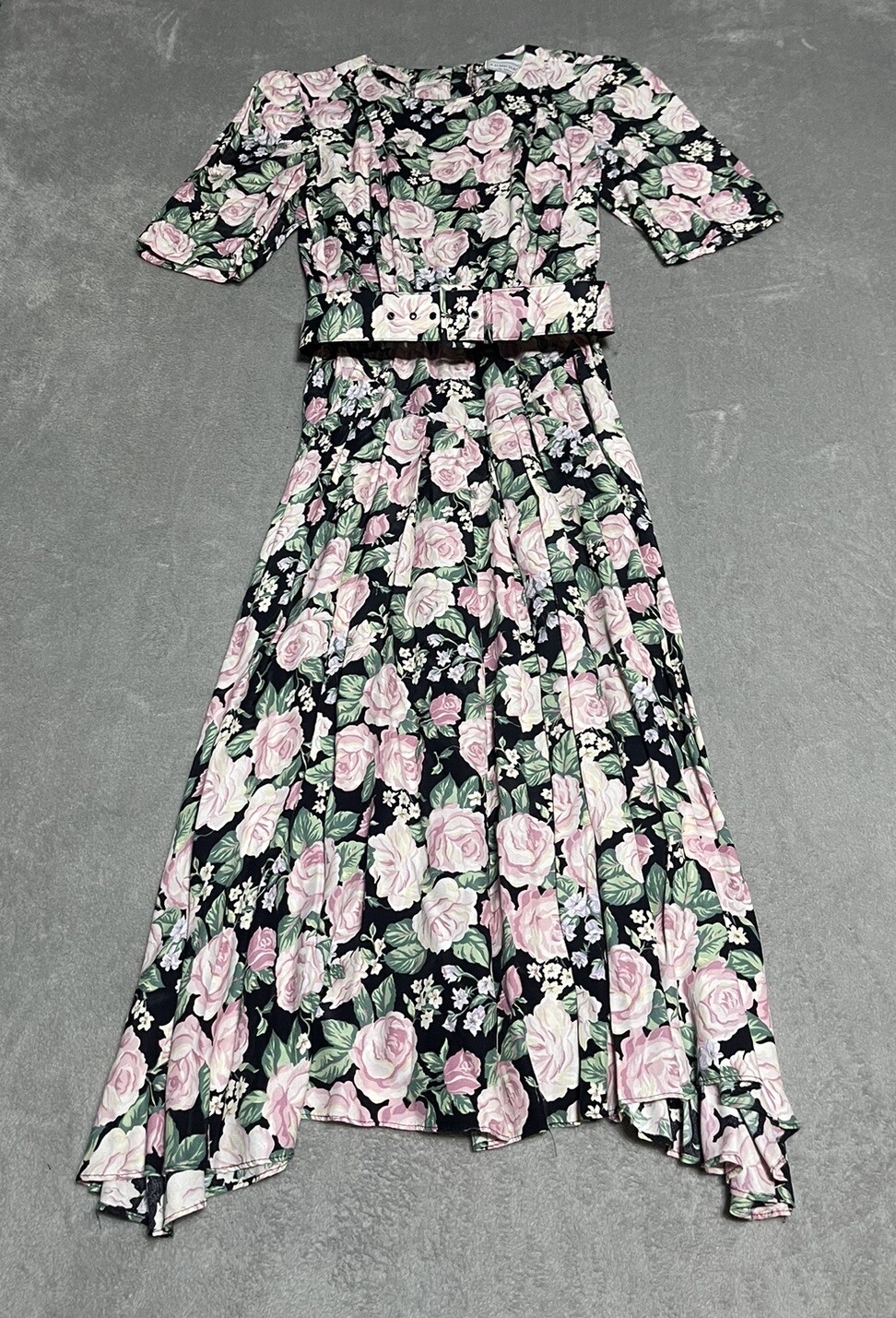 Vintage ED Michaels Dress Womens 5 6 Floral Rose Belted Modest Maxi Short Sleeve