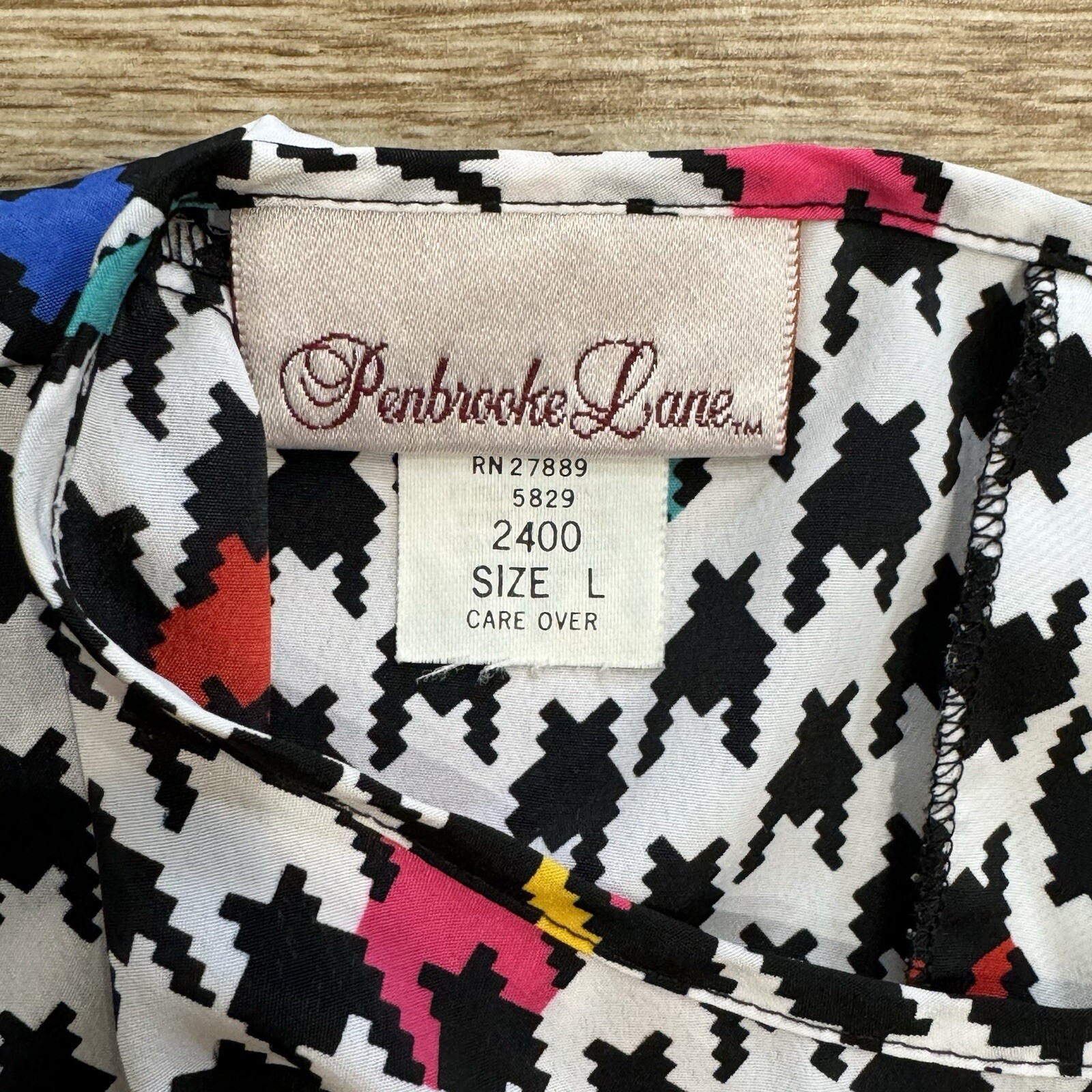 Vintage Houndstooth Colorful Blouse Shirt Top Penbrooke Lane 80’s Keyhole Large