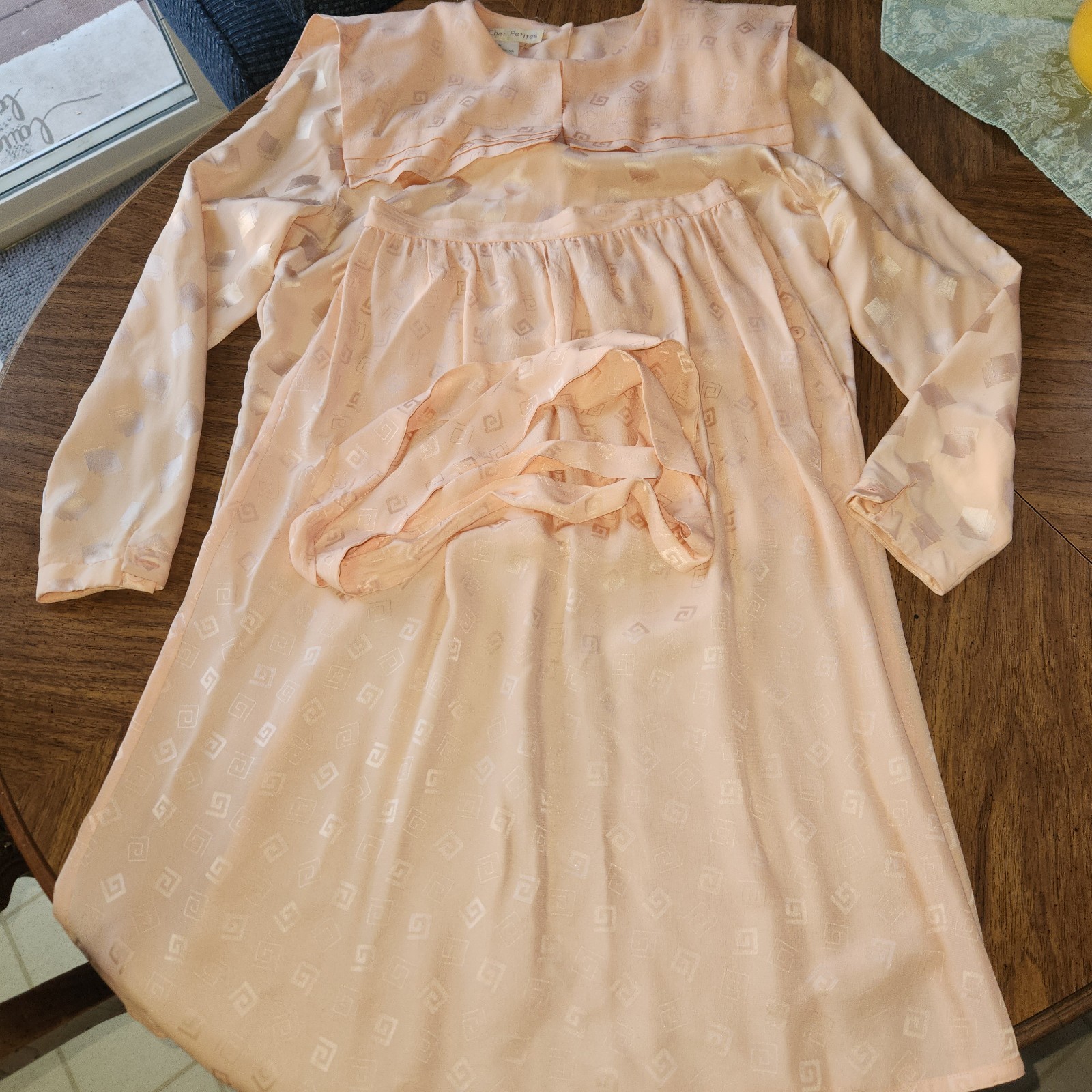 3 Piece Vtg 1980s Joanie Char Patterned Silk Shirt & Skirt Set Salmon Petite 10