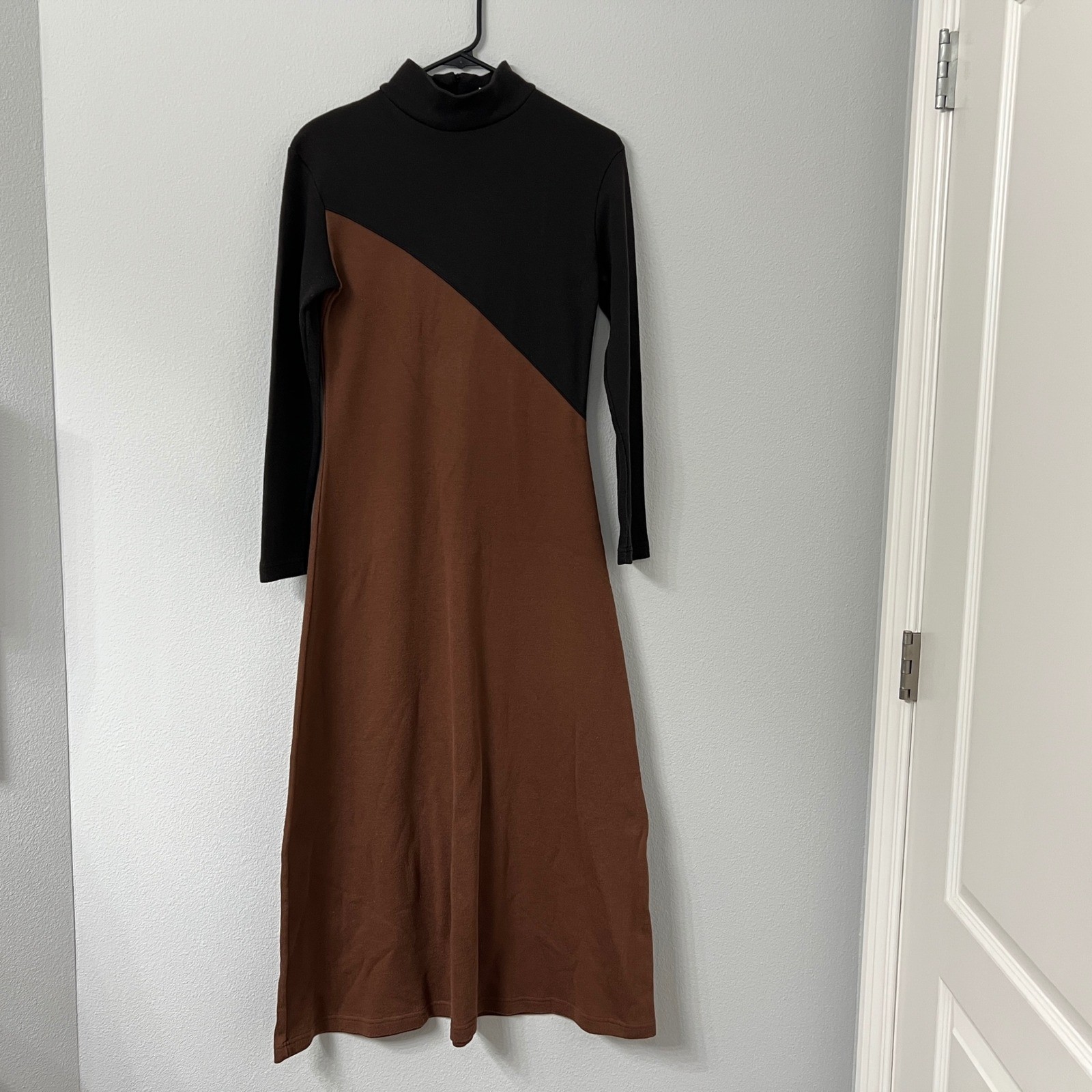 Vintage 90s Stylework Brown Black Colorblock Midi Dress Mock Neck Mod Minimalist