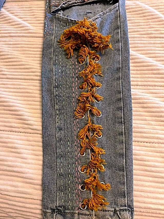 Totally hand patched embroidered upcycled custom Womens jeans 1 of a kind – Med