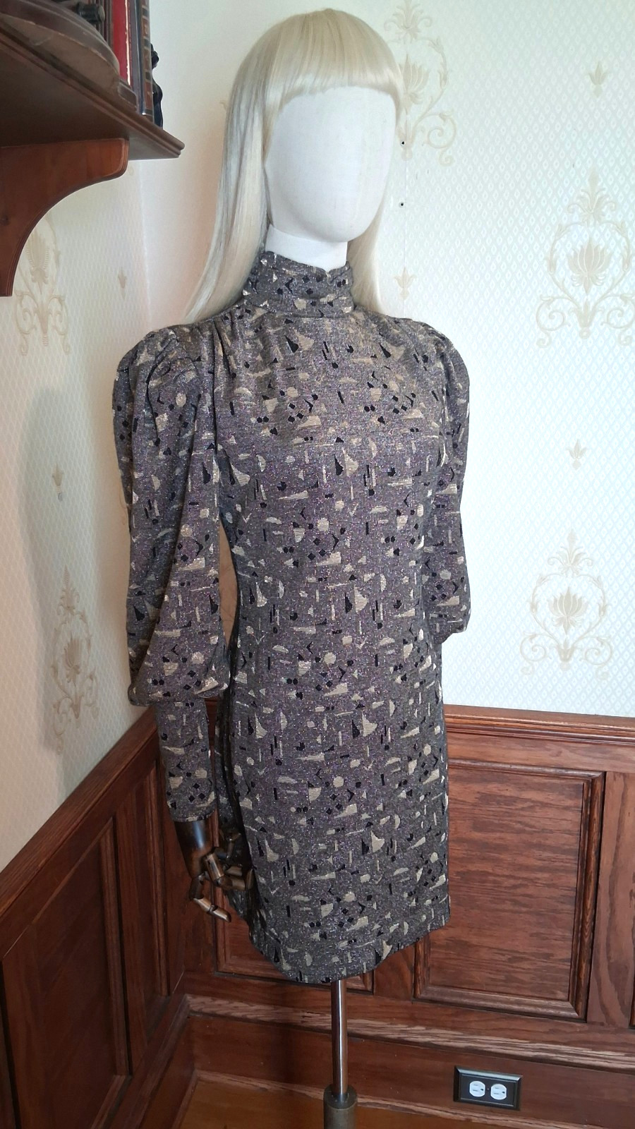 Vintage 80s All that Jazz Metallic Gold New Wave Puff Sleeve Bodycon Mini Dress