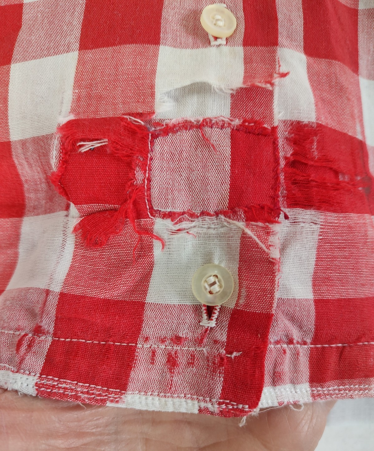 Vtg 50s/60s Shirt Womens Sz Sm Red White Check Loop Collar Distressed Rockabilly