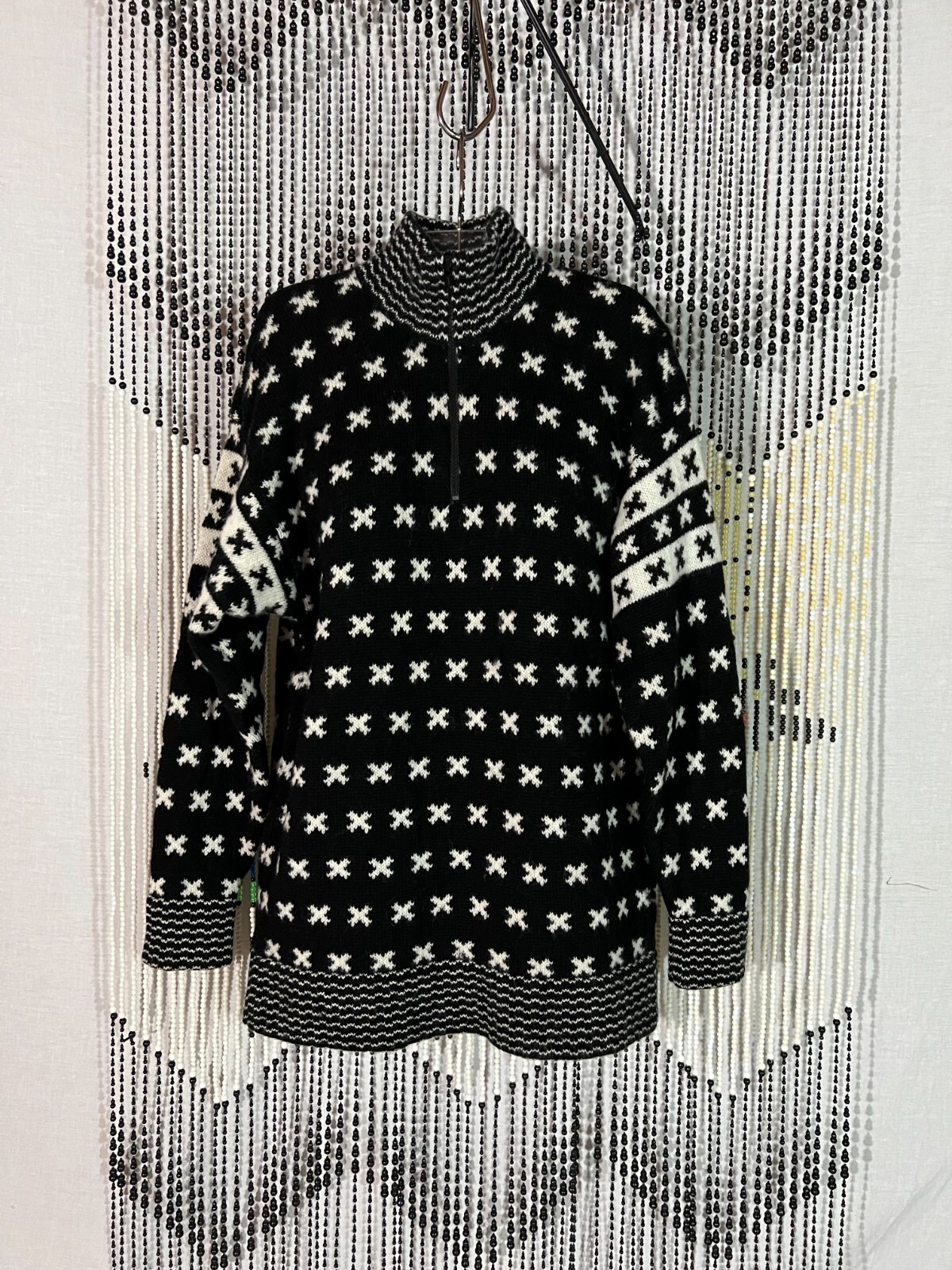 VTG 90s Brass Plum Nordstrom Wool Hip Sweater Turtleneck Zip Black White Geomt M