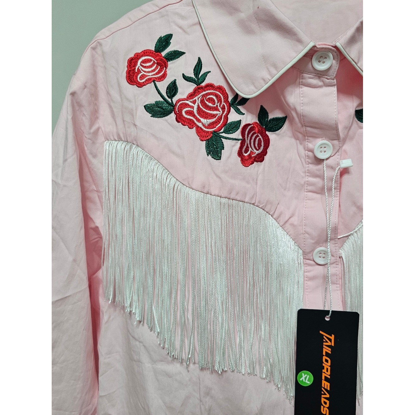 TailorLeads Pink Western Fringe Rose Embroidered Button Shirt XL NWT Rodeo