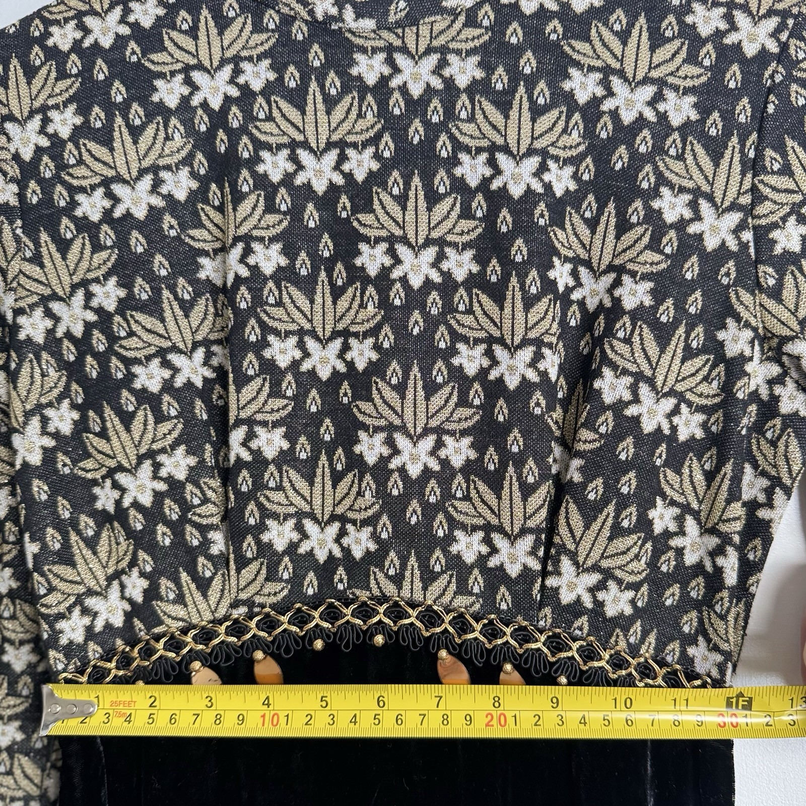Vintage 60s Gold & Black Baroque Quilt Top & Velvet Skirt Maxi Dress XS 1960s