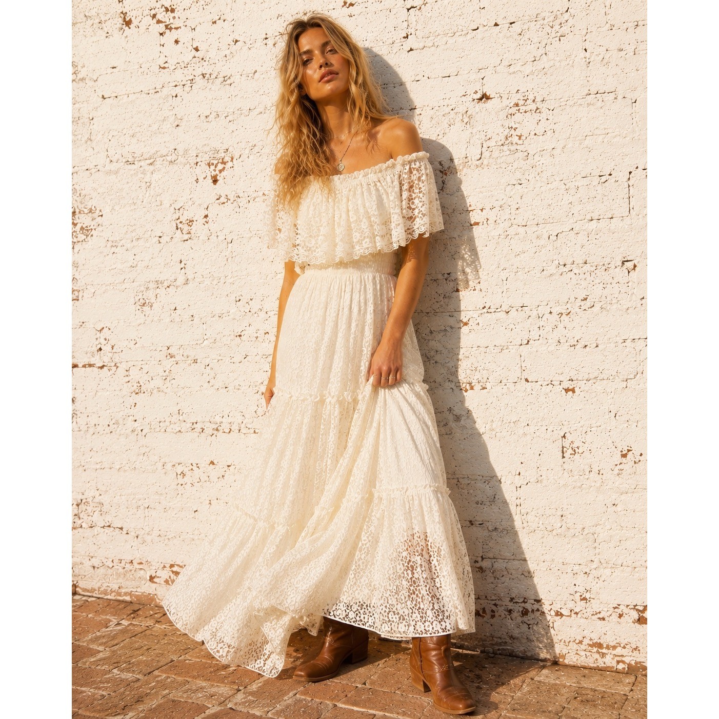Vintage 70s Candi Jones Ivory Lace Maxi Dress Smocked Prairie Boho Wedding Small