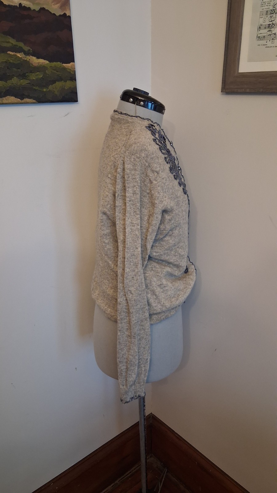 Vintage 1950s Beaded Cardigan, Grey And Black Sz 42 M/L Elegant Embellishedn