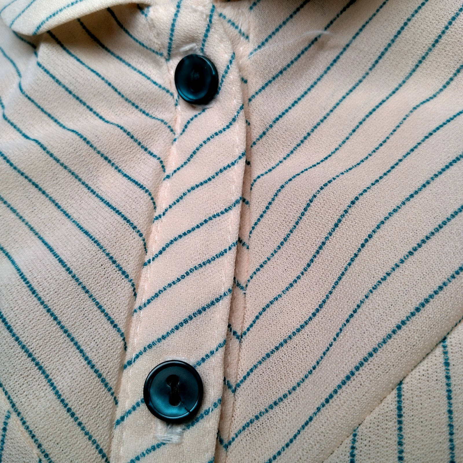 Vintage 1970s Dress Size 7 Ivory Blue Stripe Button Up Collar Belted Secretary