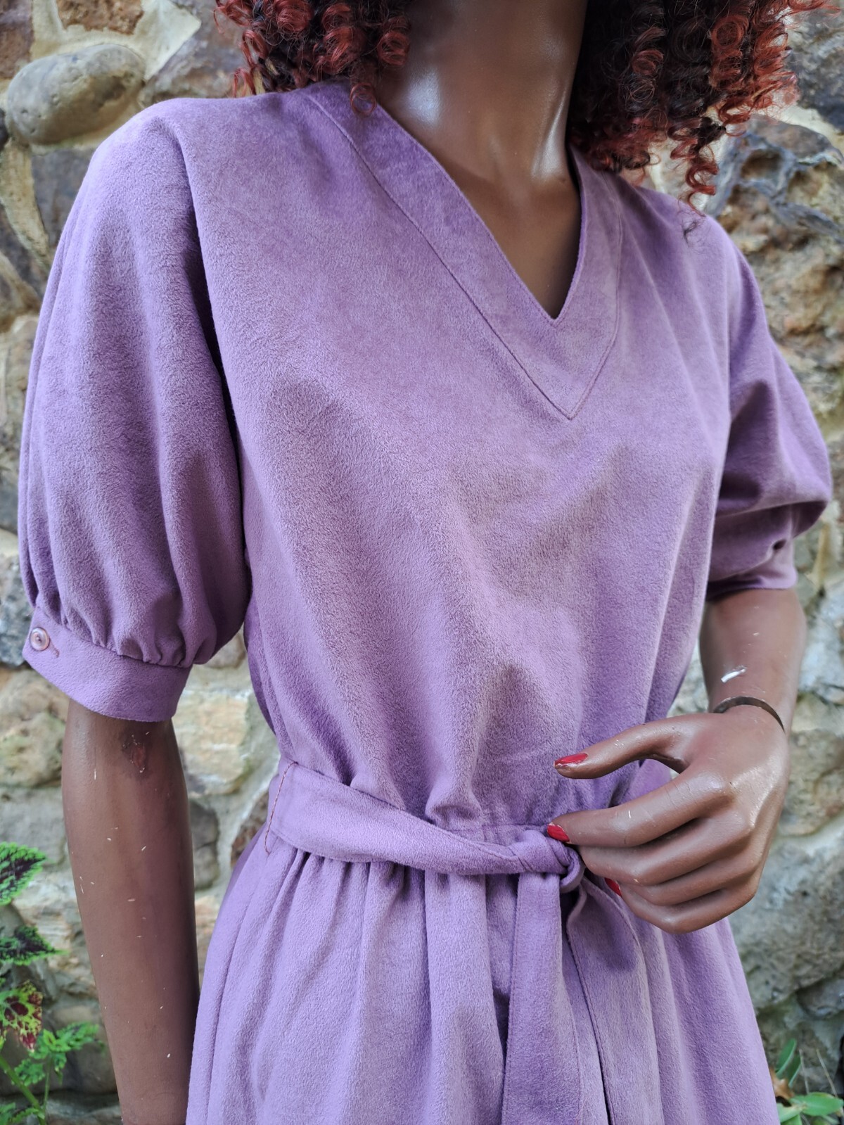 70s David Warren New York Faux Brush Suede Velour Plum Purple Dress Back Zip S/M