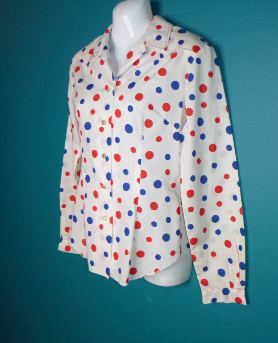 Vtg 70s Lasso Western Wear Button Front Shirt White W/ Blue Red Polka Dots Sz M