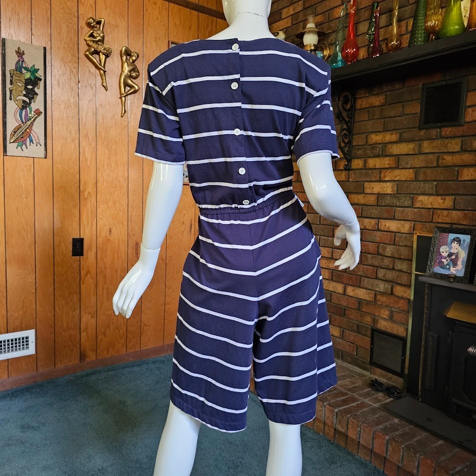 Vtg 90s Preppy Momcore Stripe Navy Playsuit Shorts Mini Dress T-Shirt Romper S/M