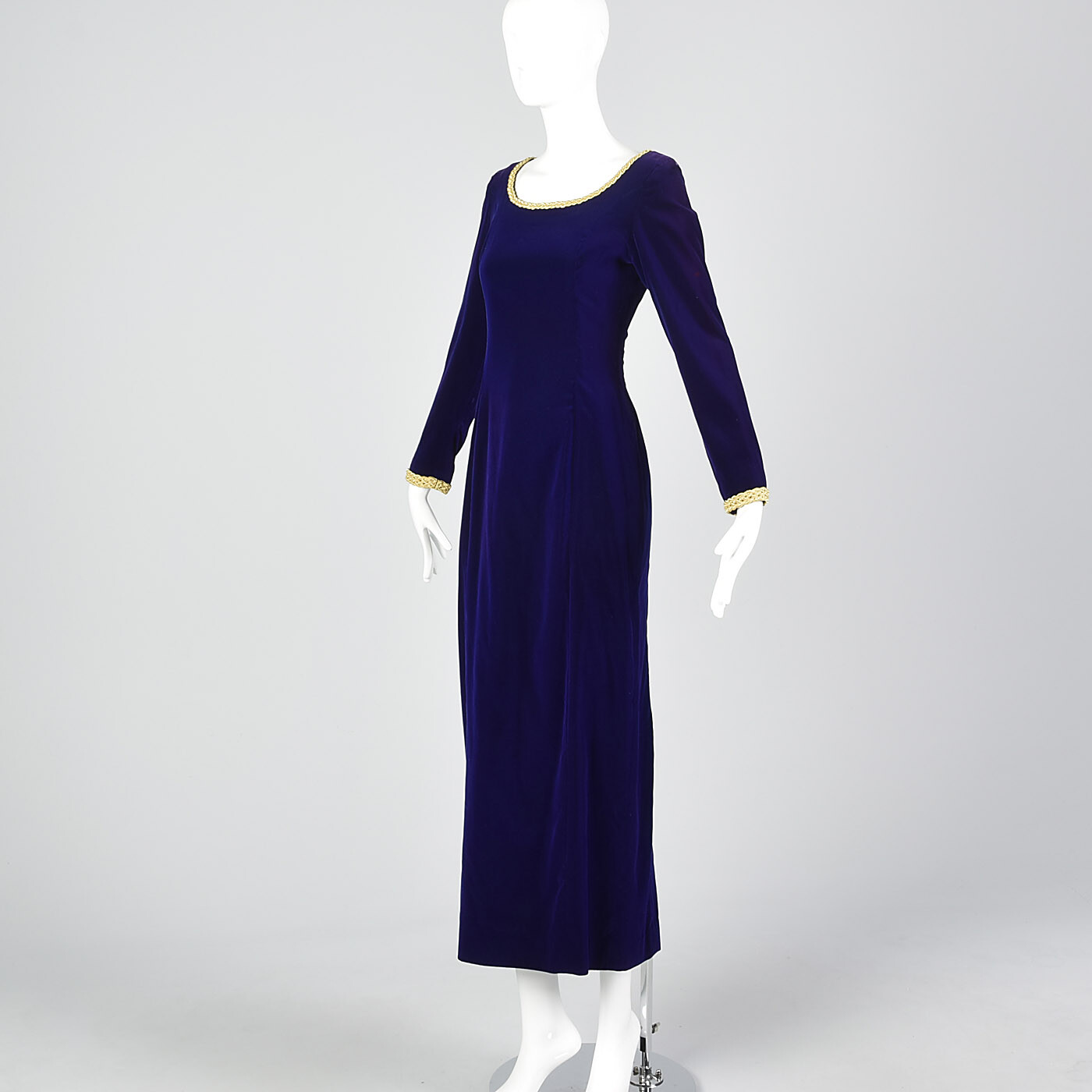 XS 1970s Purple Velvet Maxi Dress Gold Trim Long Evening Dress Holiday Party 70s
