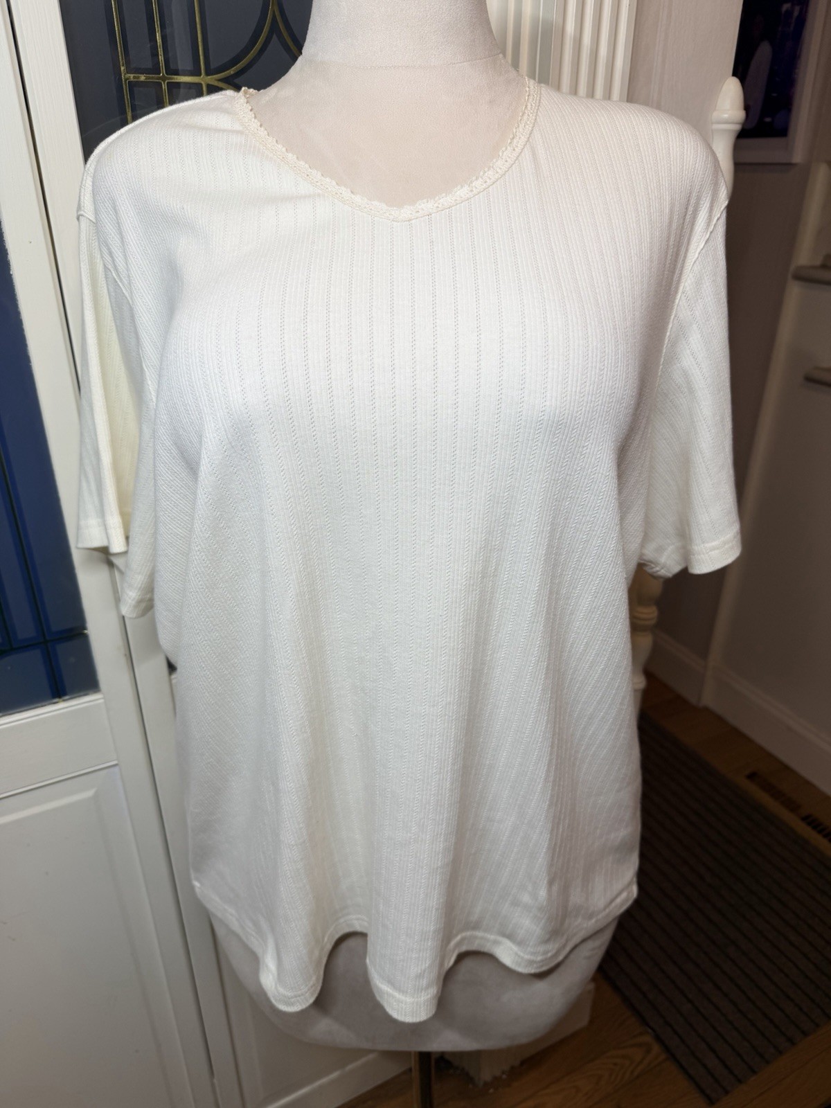 Vintage Classic Elements Woman Ivory Rib Knit Top Crochet Trim Plus Size 20W 22W