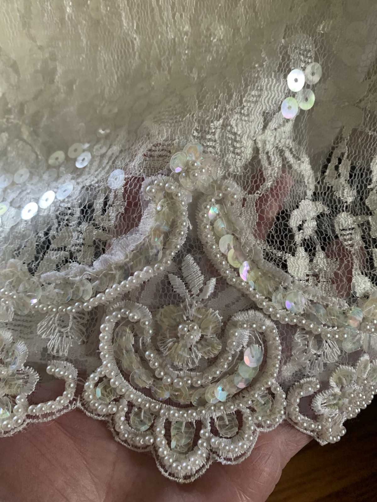 Vintage 80’s-90’s Sequin Beaded Ivory Formal Dress Gown Bow Sleeves Wedding Prom