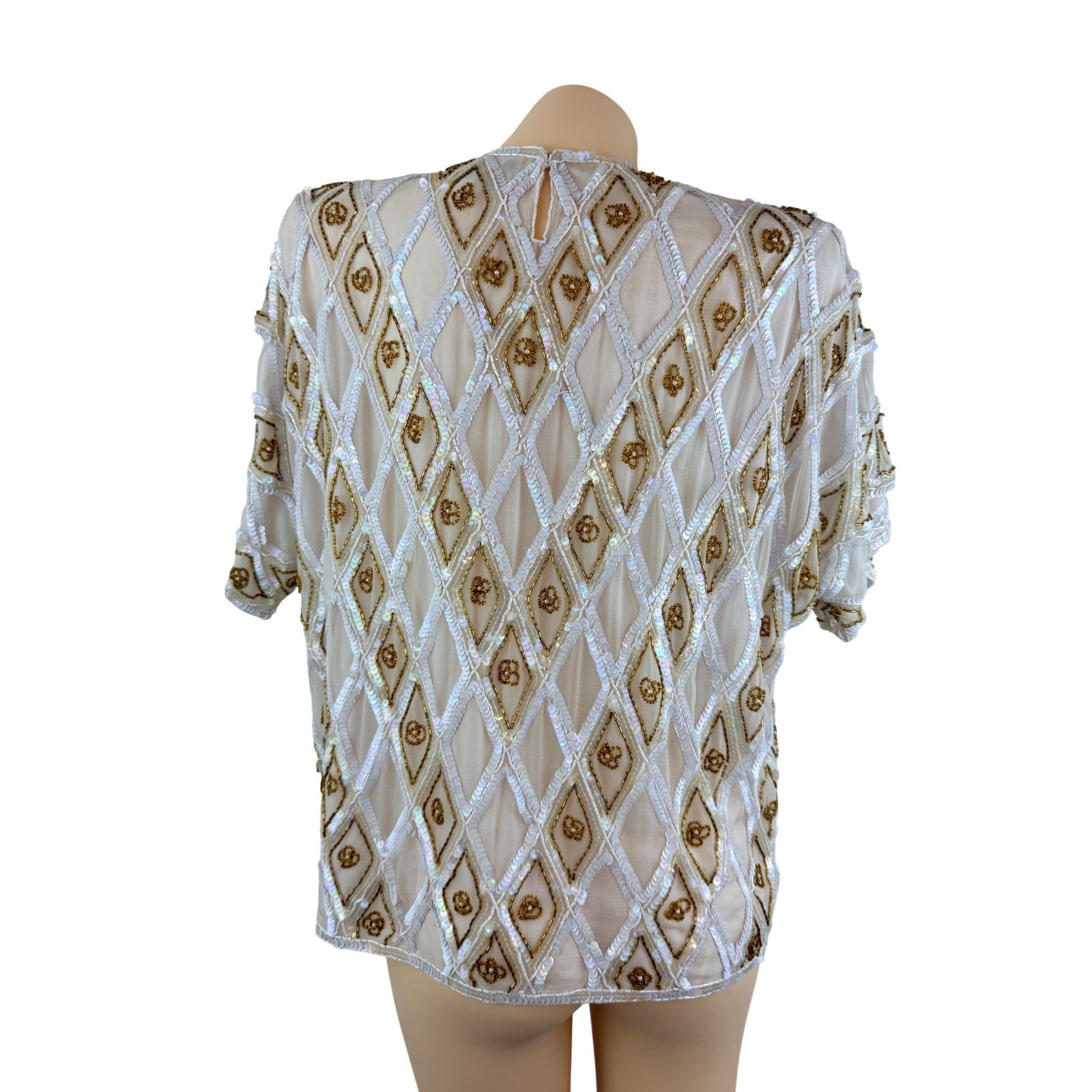Vintage Silk Beaded Sequin Top White Gold Mermaidcore Pearl Beaded
