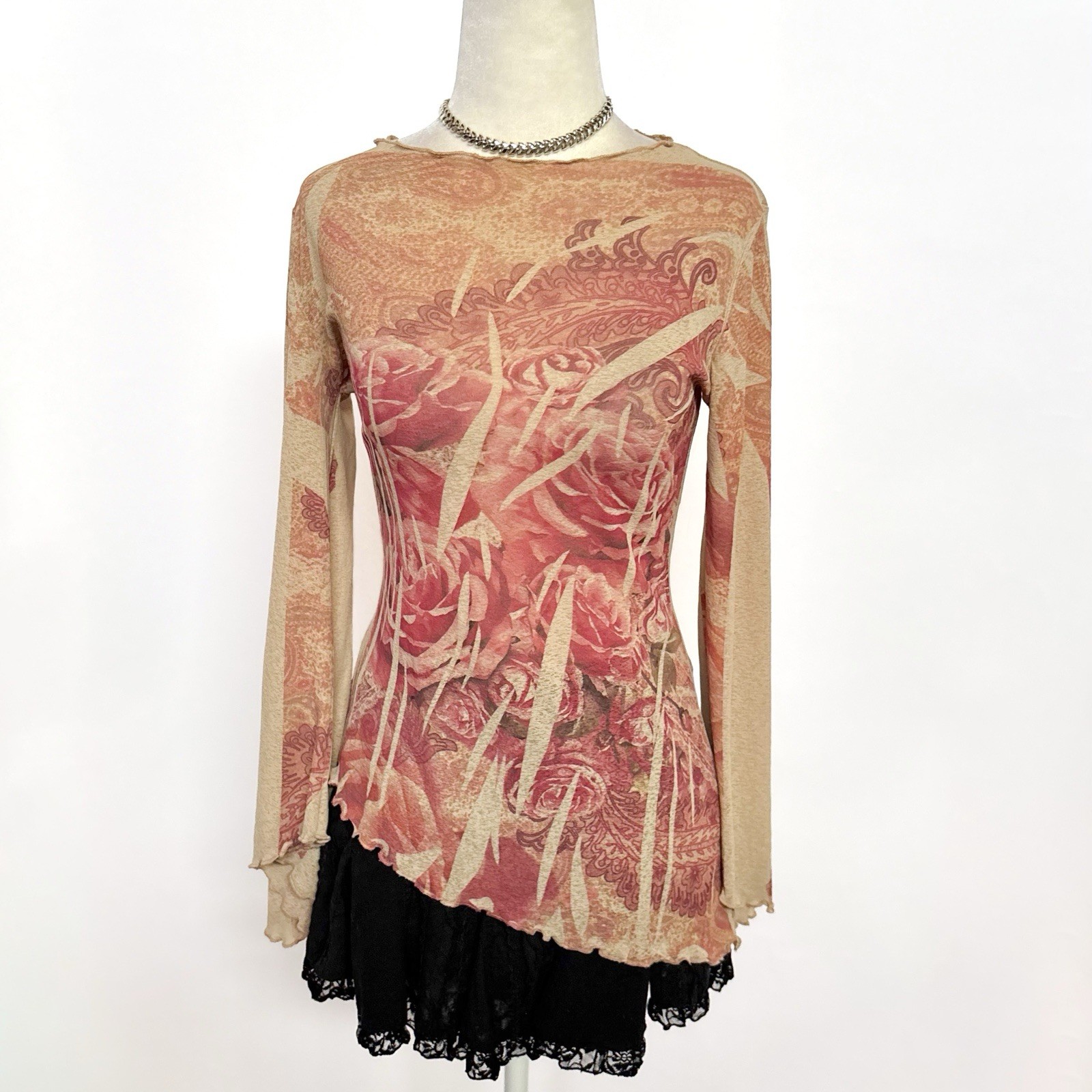 Vintage 1990’s 2000’s Y2k Tan Red Floral Mesh Flare Sleeve Top M L