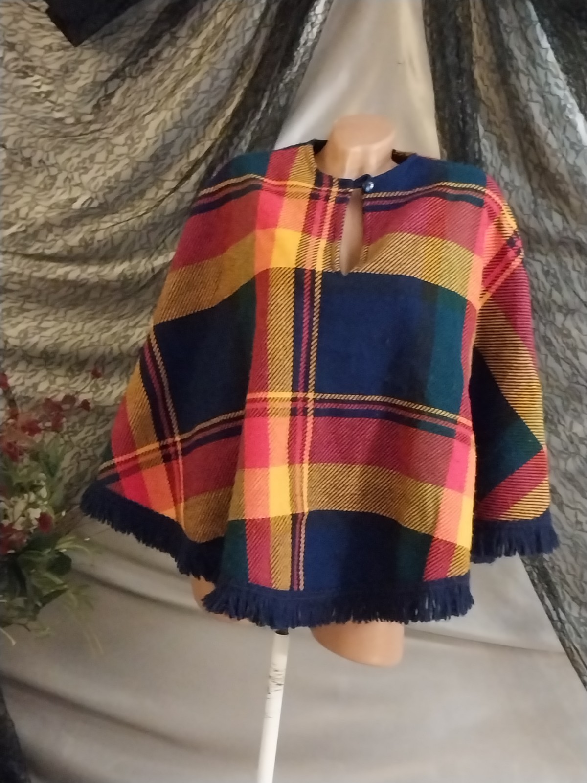 VTG 50S AMERICANO CAPE COAT CAPELET SHAWL WRAP PONCHO SOPHIE PLAID ORANGE BLUE
