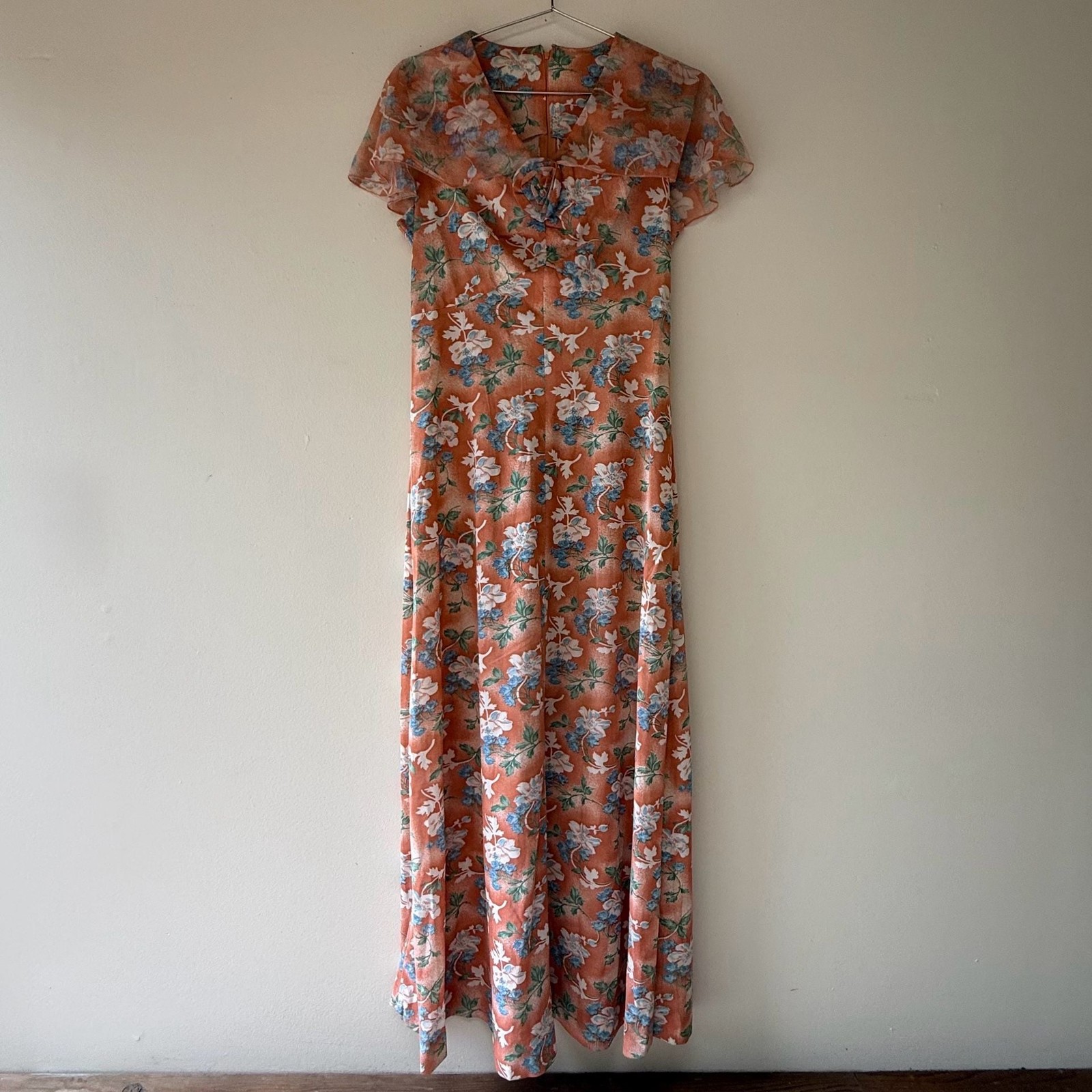 Vintage 1970s Orange Floral Print Maxi Dress Capelet Flutter Sleeve