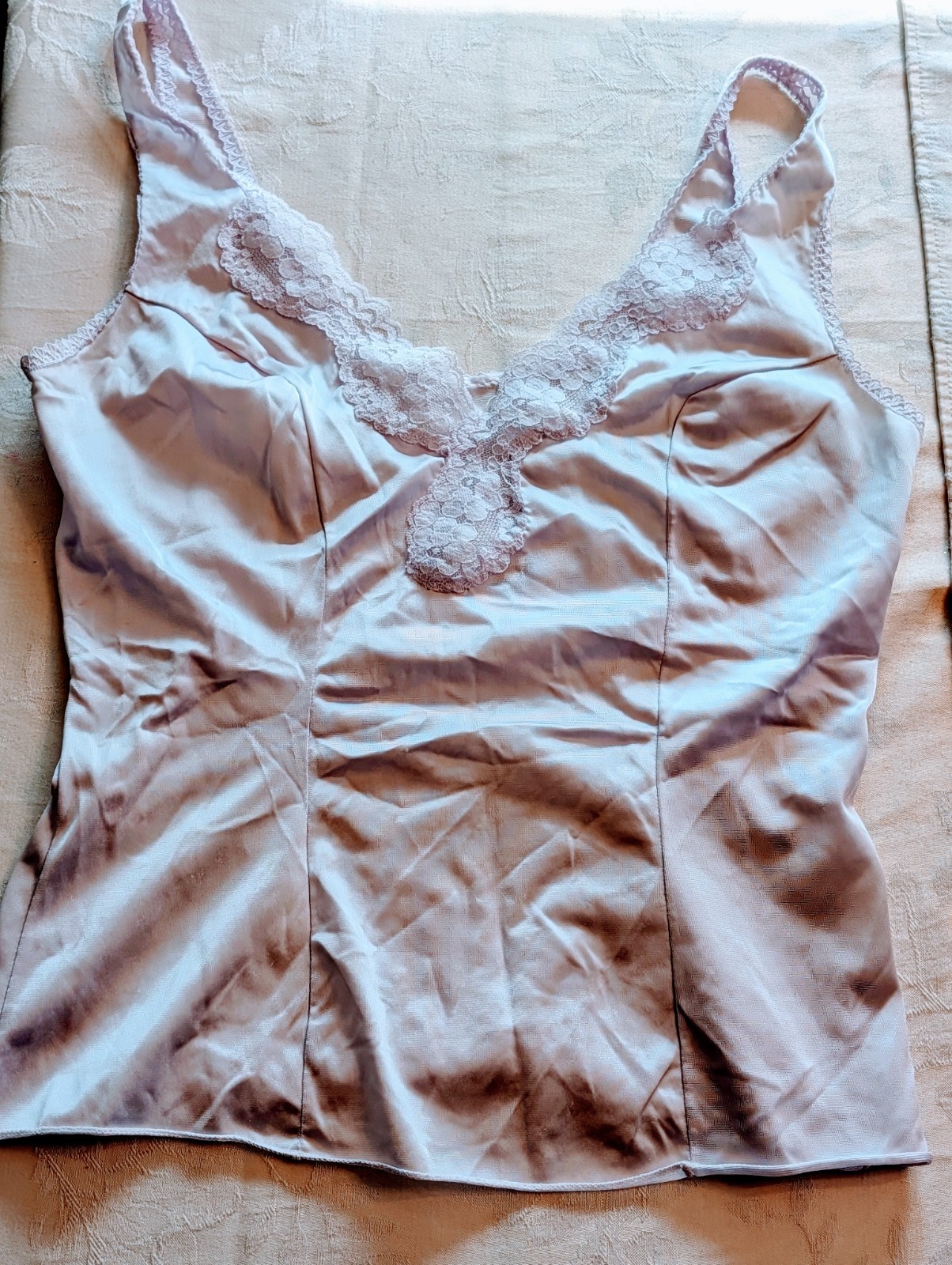VTG Peter Pan Camisole Sz S 100% Nylon Victorian Lace USA Pale Lavender/Pink