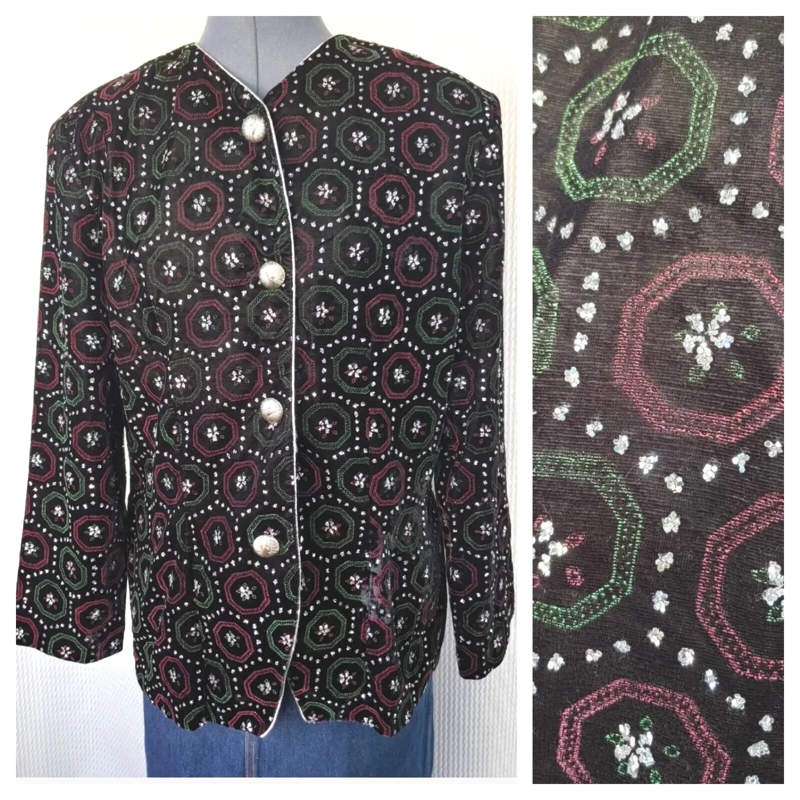 Vintage Ellen Ashley Black Velvet Jacket w Silver Trim & Rhinestones Size 12