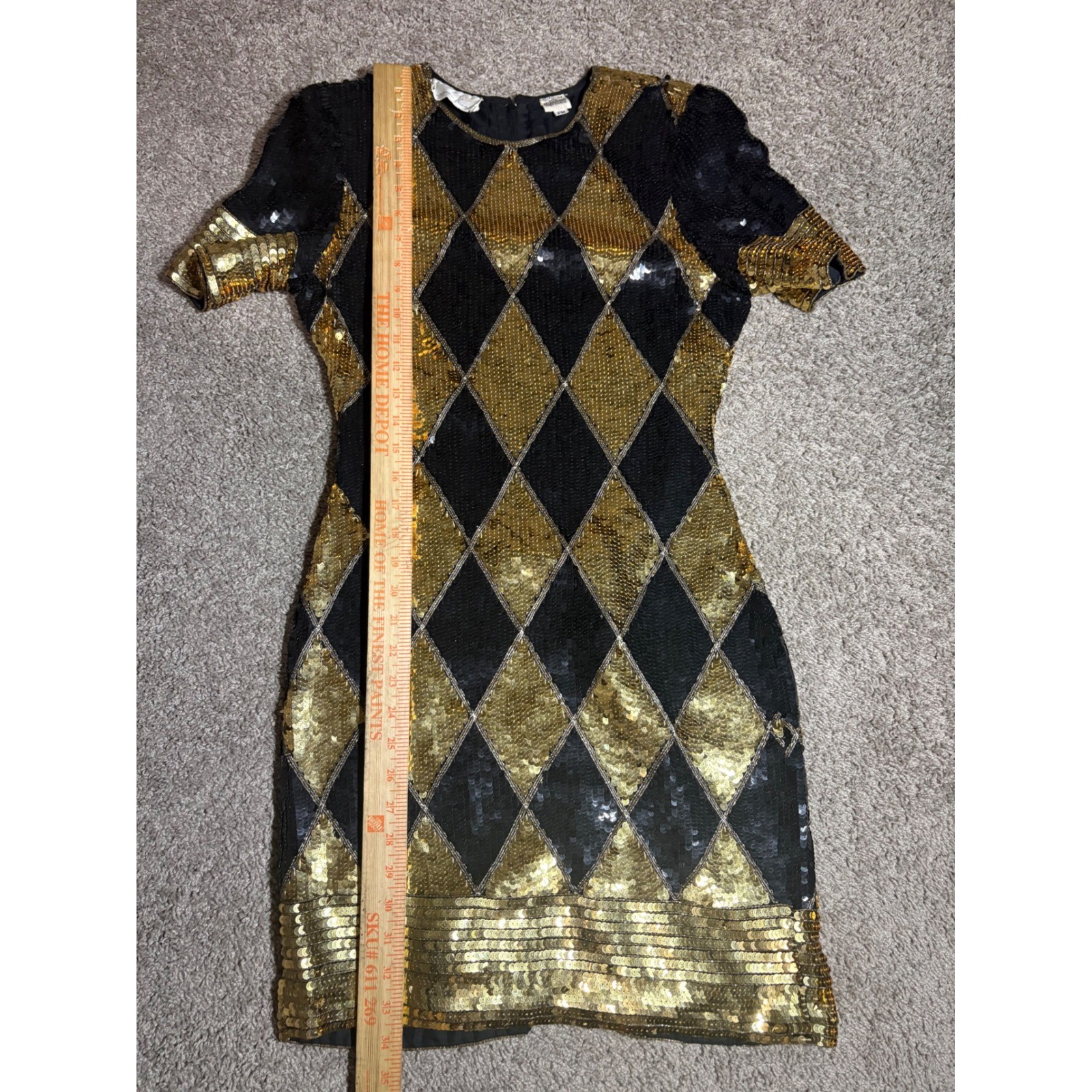 Laurence Kazar Vintage Black Gold Sequin Harlequin Silk Dress Petite Medium PM