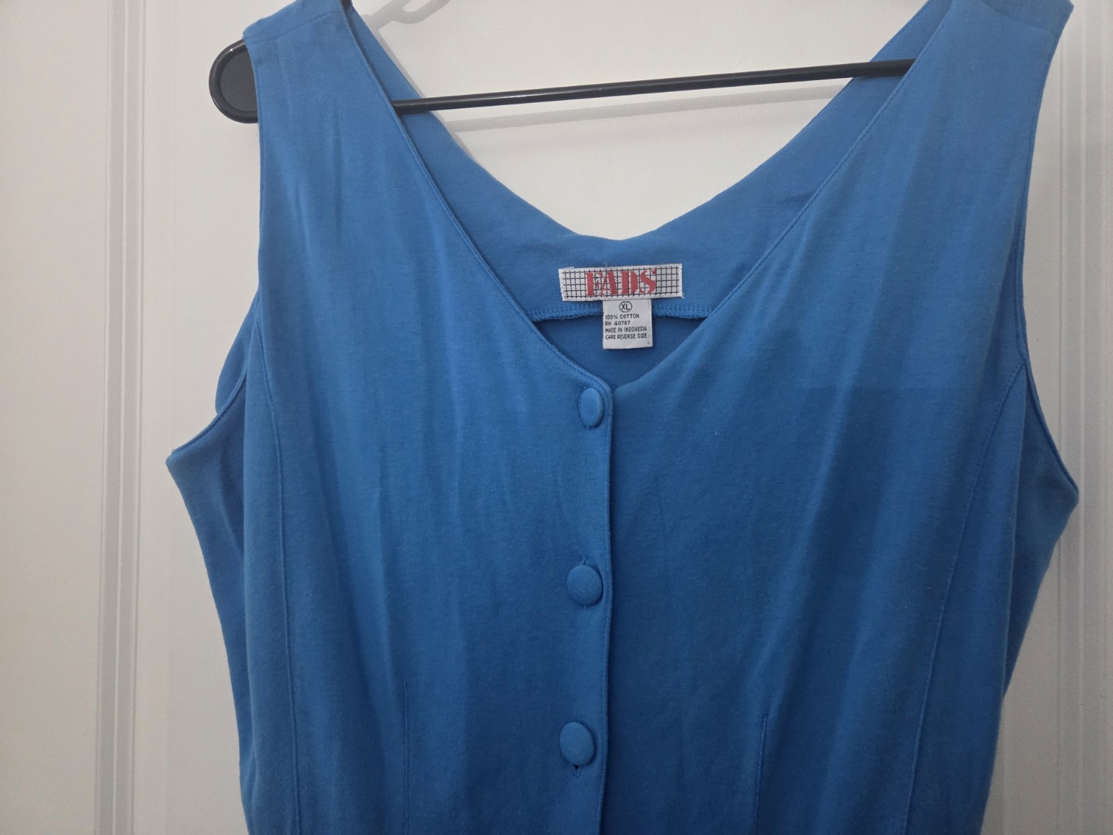 Vintage 80s Blue FADS Cotton Sleeveless Button Front Dress Size XL