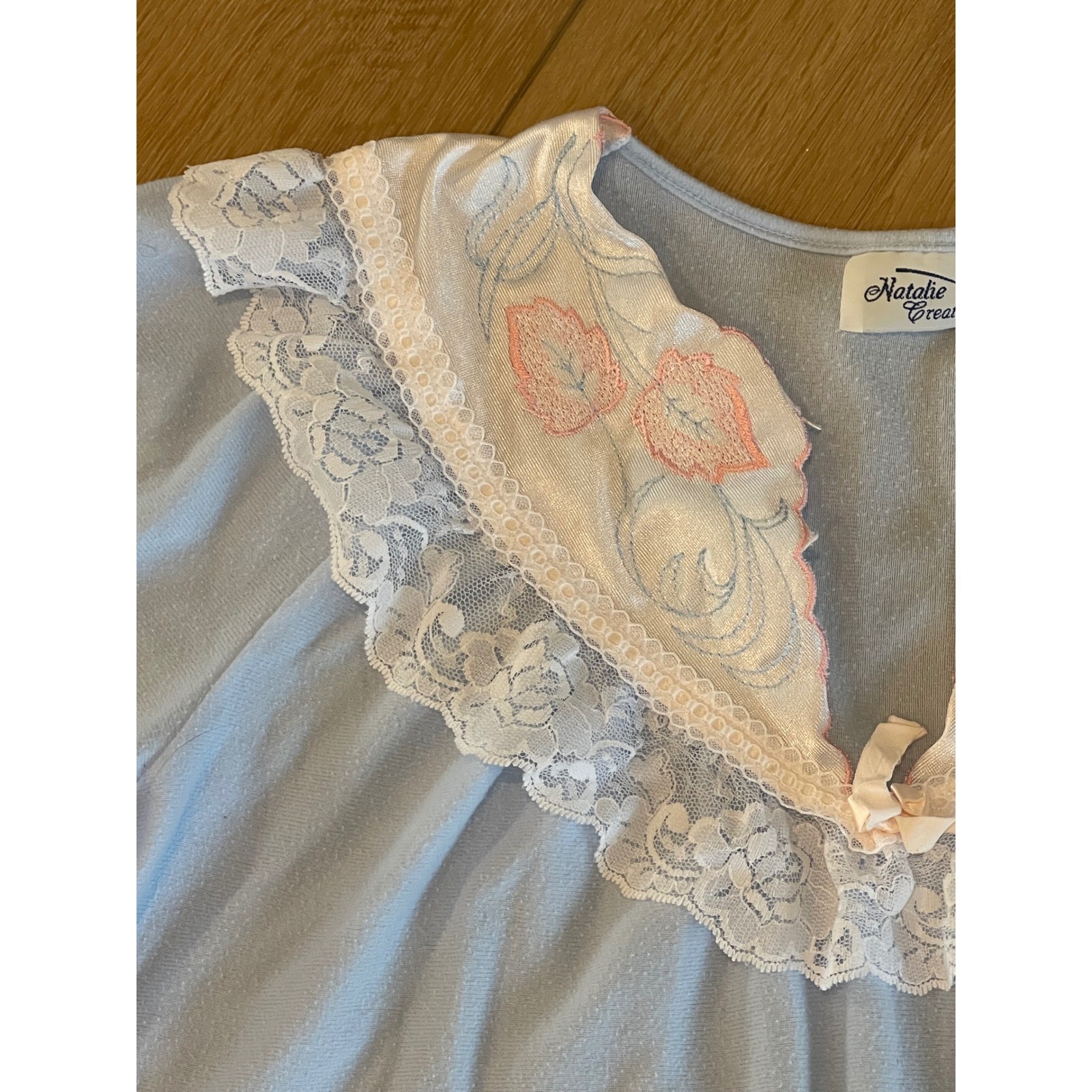 Vintage Natalie Creations Blue Nightgown Lace Trim Floral Embroidery Long Sleeve