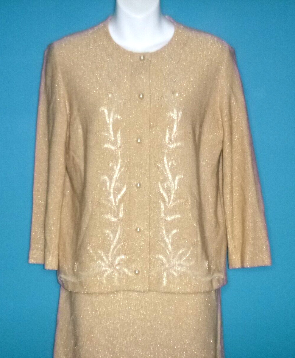 Vtg 60s Gino Paoli 2 Pc Wool Knit Cardigan & Skirt Set Gold metallic Beading S/M