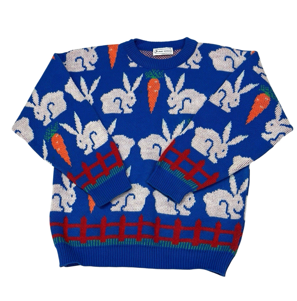 Jane Adams Bunny Carrot Knit Sweater Size M or L Acrylic Pullover Easter READ