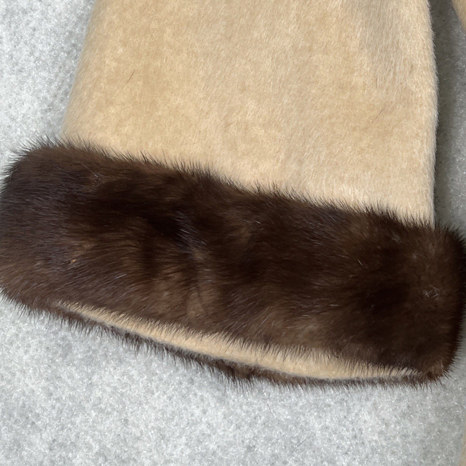 Vintage 50s SABELARI Taupe Camel Hair Tan MINK FUR Wedding Ring Collar Coat