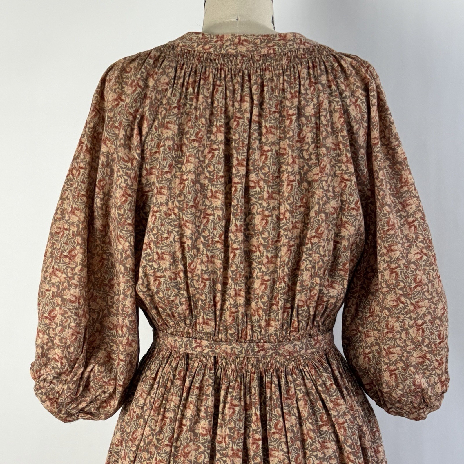 Vintage 70 Renata Paris Smocked Cotton Dress Neutral Floral S/M Made in France