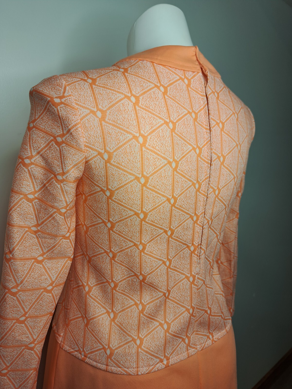 70s Handmade Shift Dress Orange White Double-knit Long Sleeve Back Zip 12