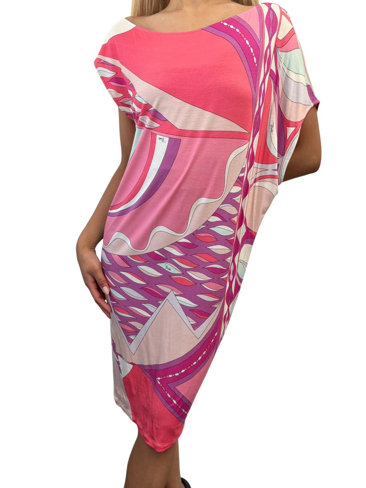 EMILIO PUCCI Vintage Multicolor Abstract Asymmetric Midi Dress #34 Pink 902105