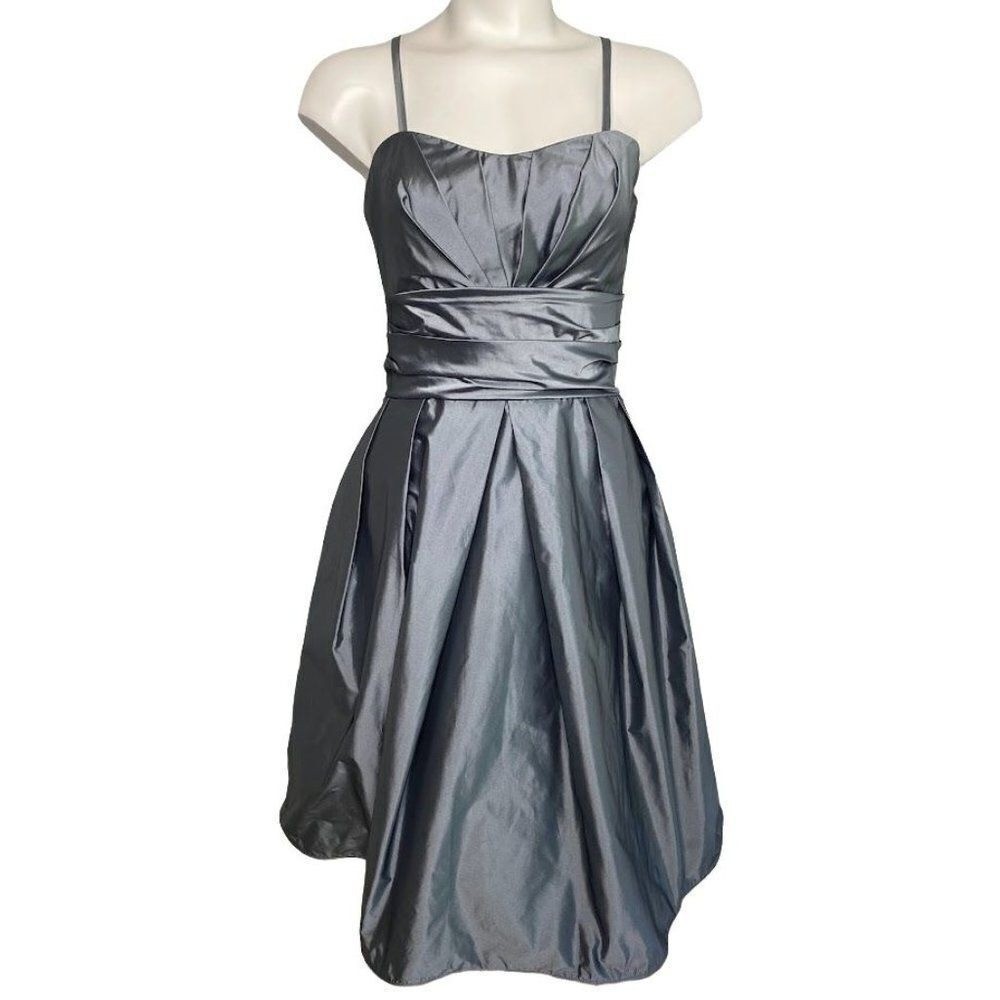 Watters & Watters Strapless Gunmetal Silver Gray Taffeta Ruched Dress sz 8