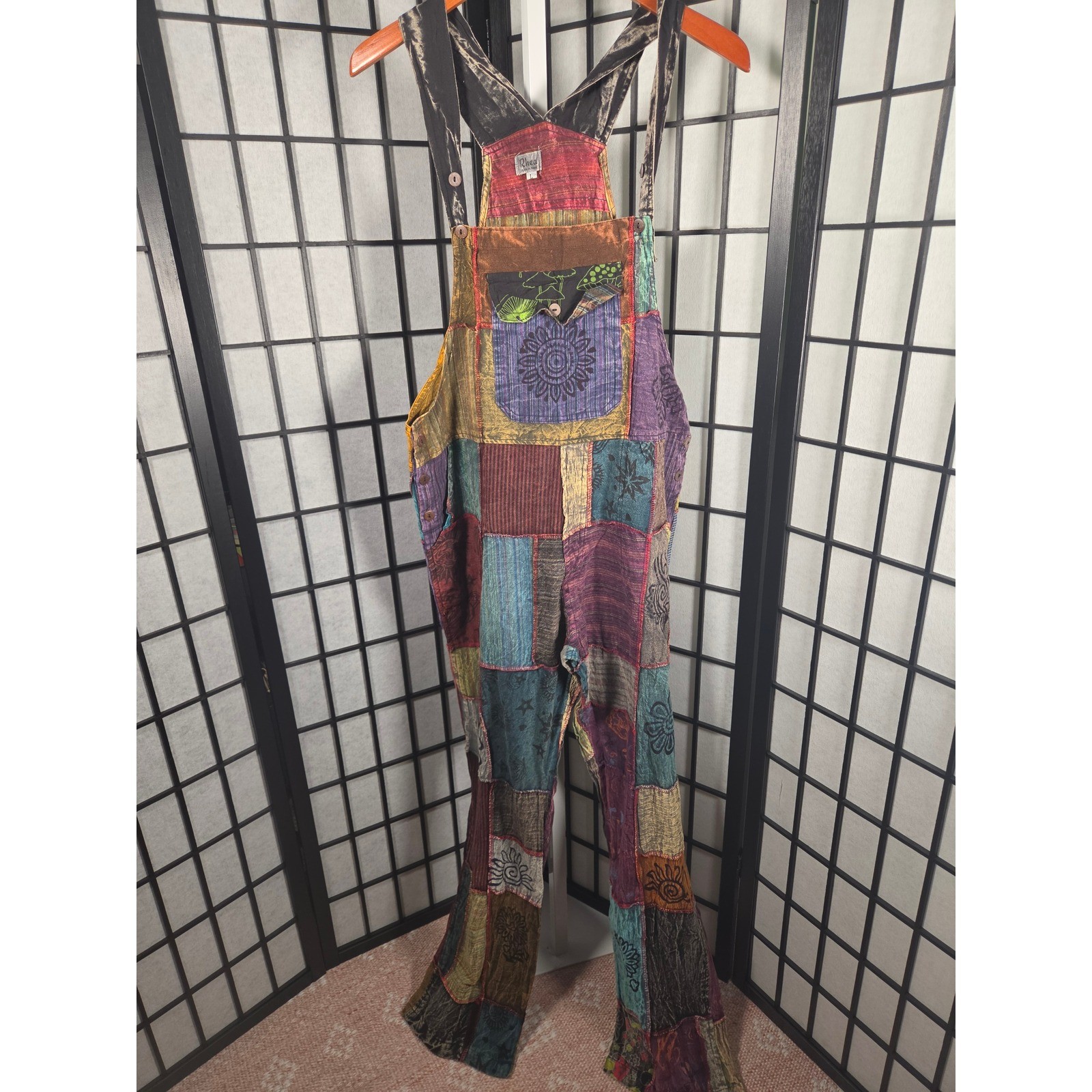 Patchwork Overalls Multi Color Block Print Hippie Festival Bib Jumpsuit LARGE