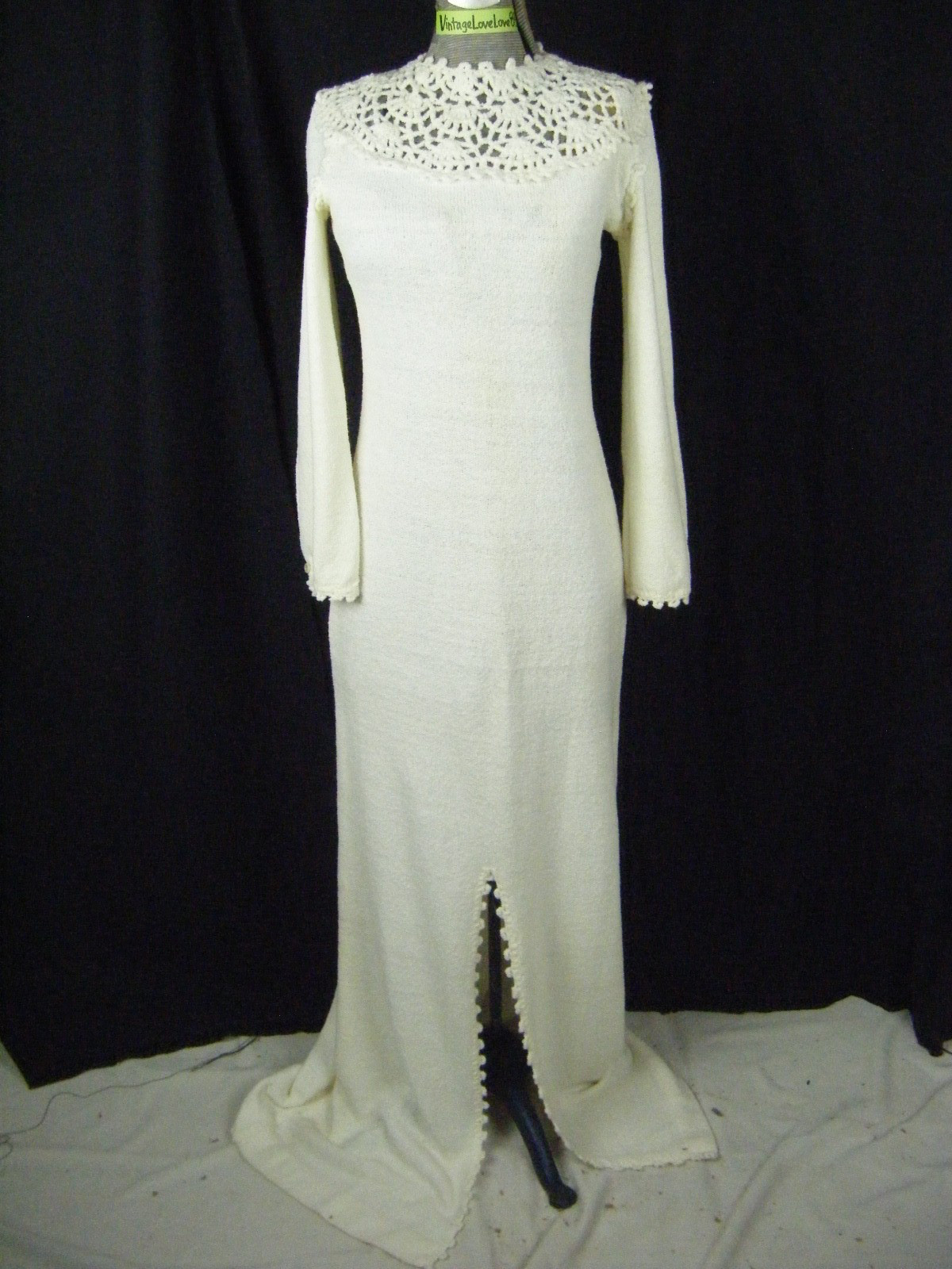 MISS DOLPHIN CA Vtg Ivory Crochet Eyelet Knit Long Dress-Bust 33-36/2XS-XS