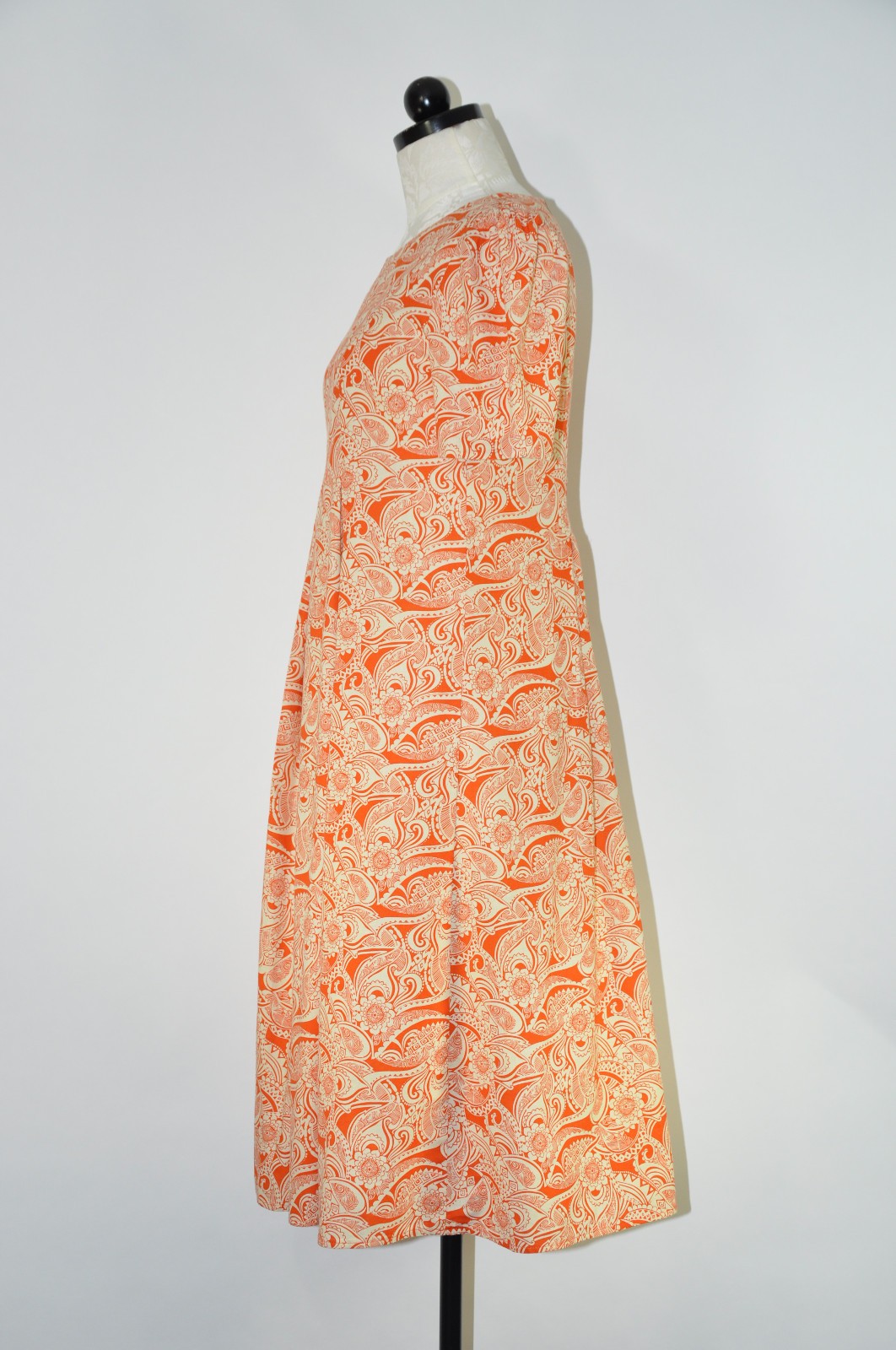 60s Vintage Orange Cream Cotton Floral Pleated Full Skirt Midi Day Dress Women S