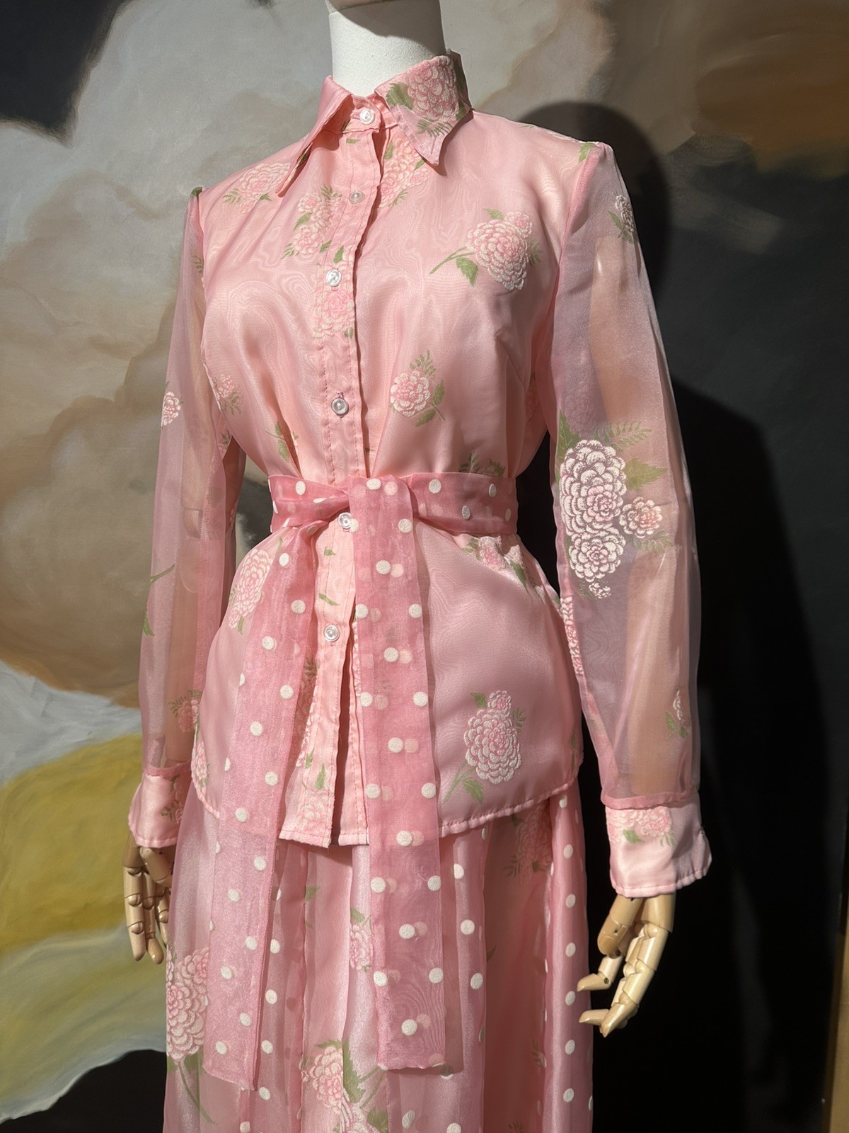 GREENECASTLE of Cali Pink Flocked Floral Polkadot Hostess Maxi Dress Set 12