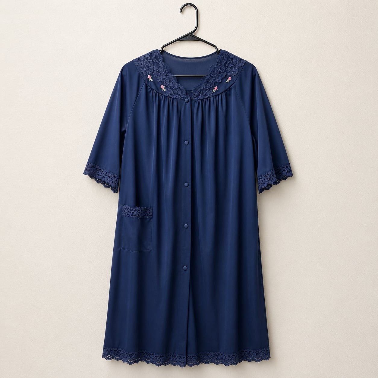 Shadowline Vintage Button-Front Housecoat & Embroidered Lace Trim Pocket, Navy