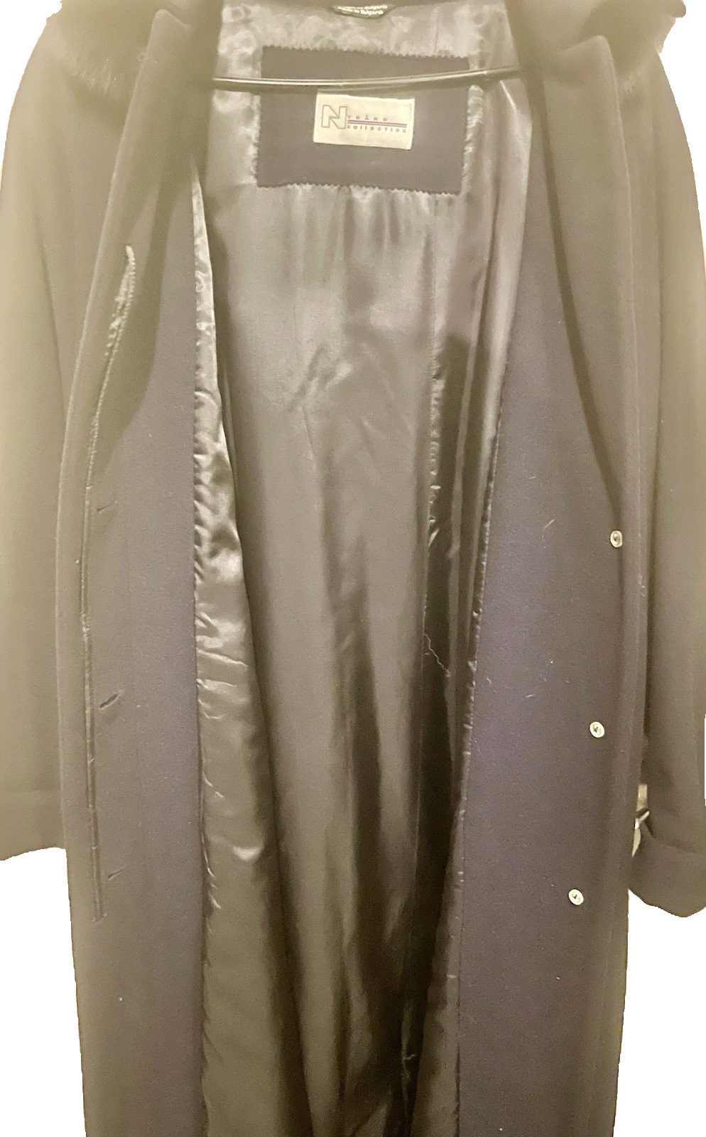Vintage NYGARD Cashmere NAVY BLUE Full Length Detachable RABBIT FUR HOOD COAT 14