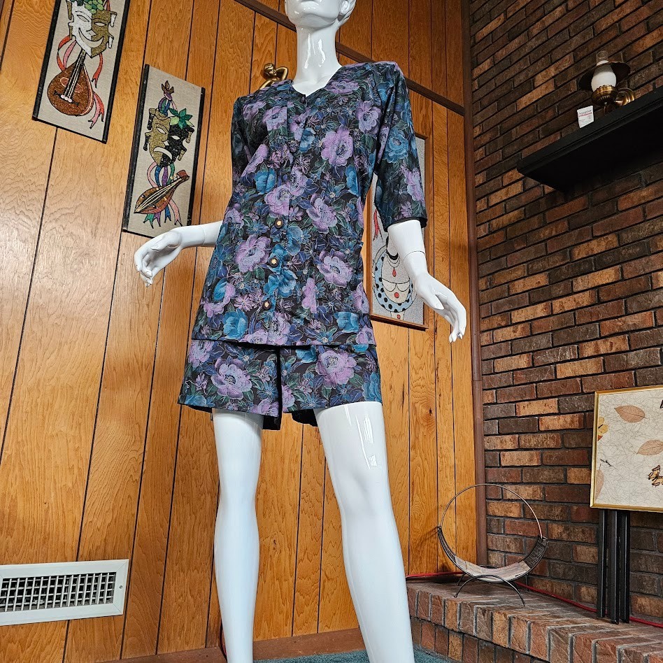Vtg 80s Corporate New Wave Punk Secretary Shorts Office Power Suit Romper M/L