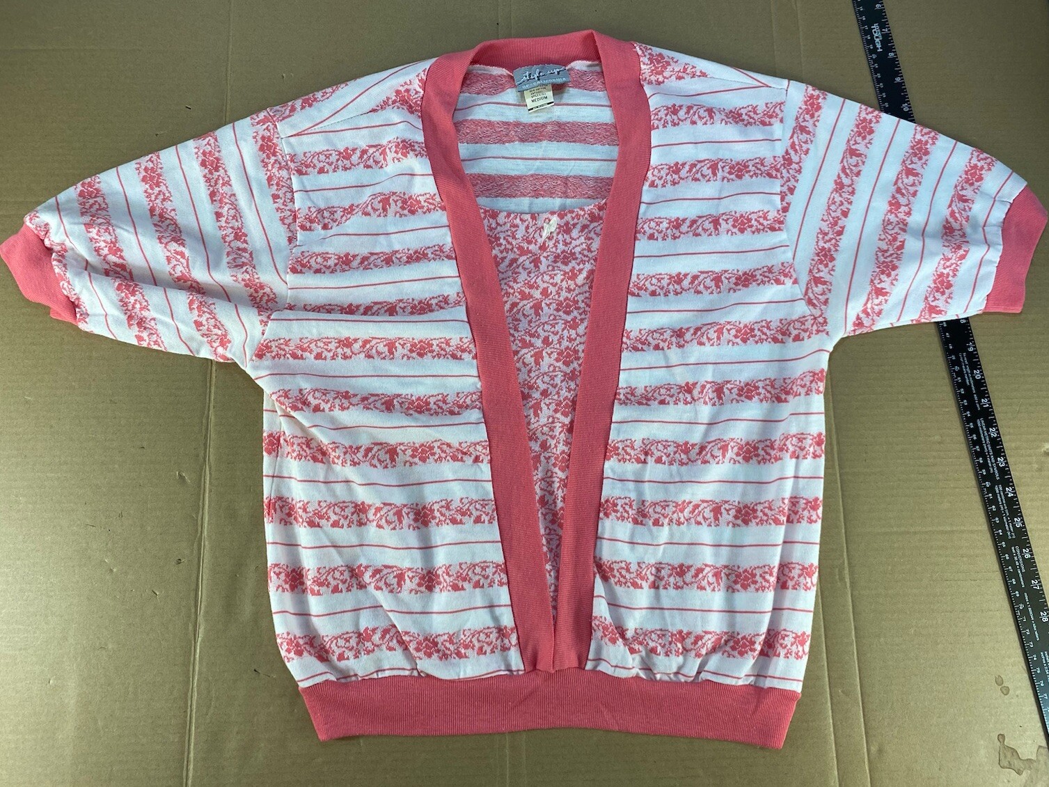 Vintage 70s 80s 90s Womens Surf Stripe Floral Mini Bow Pink Shirt Top Sweater M