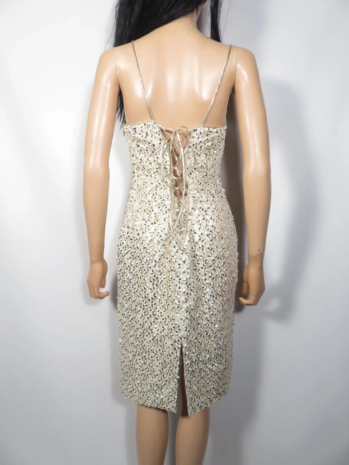 Vintage White And Gold Sequin Cache Lace Up Back Spaghetti Strap Dress Size S