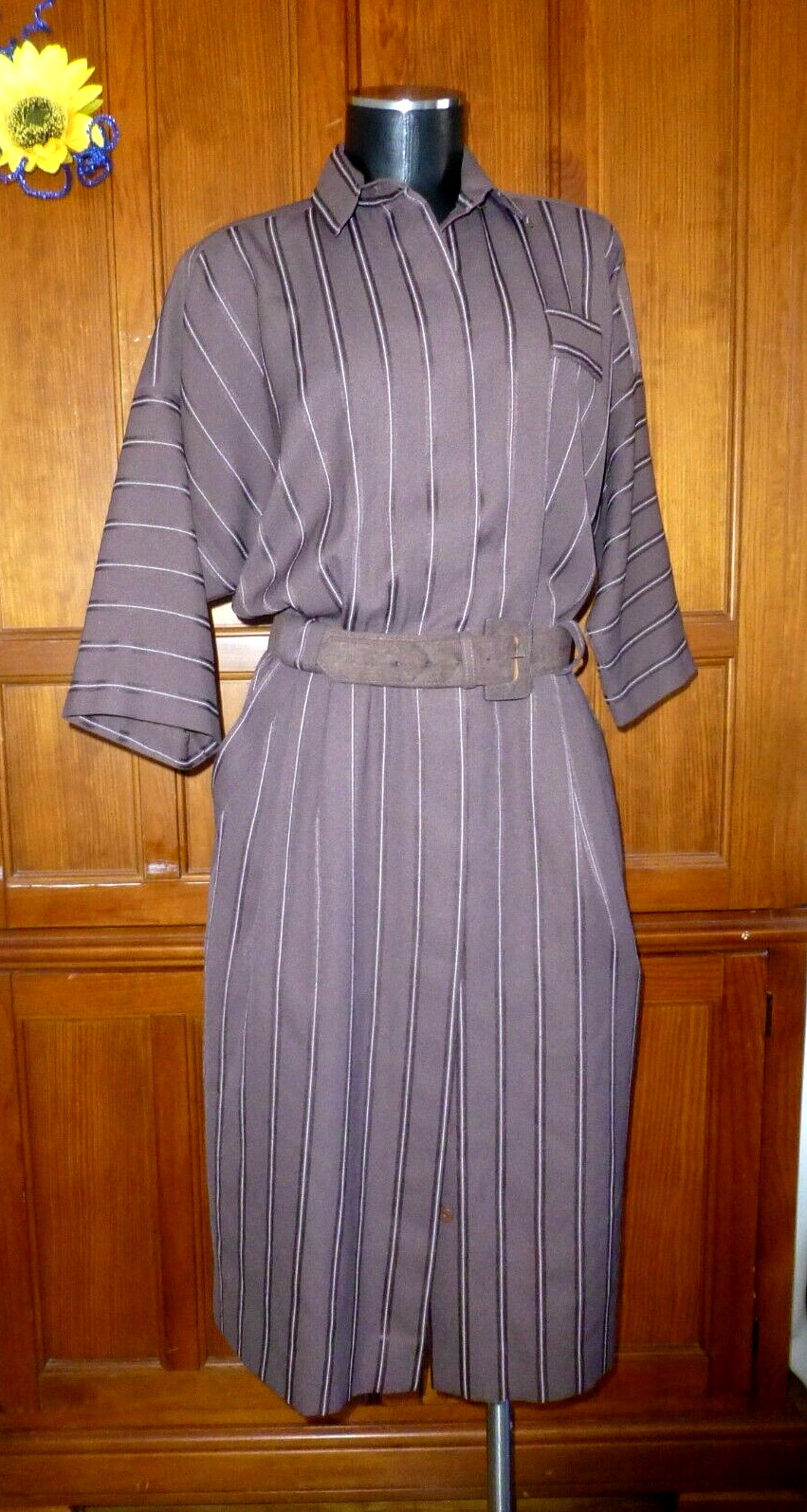 VTG 70s LESLIE FAY Stripe Dolman Slv Secretary Cocktail Belted Shirt DRESS M