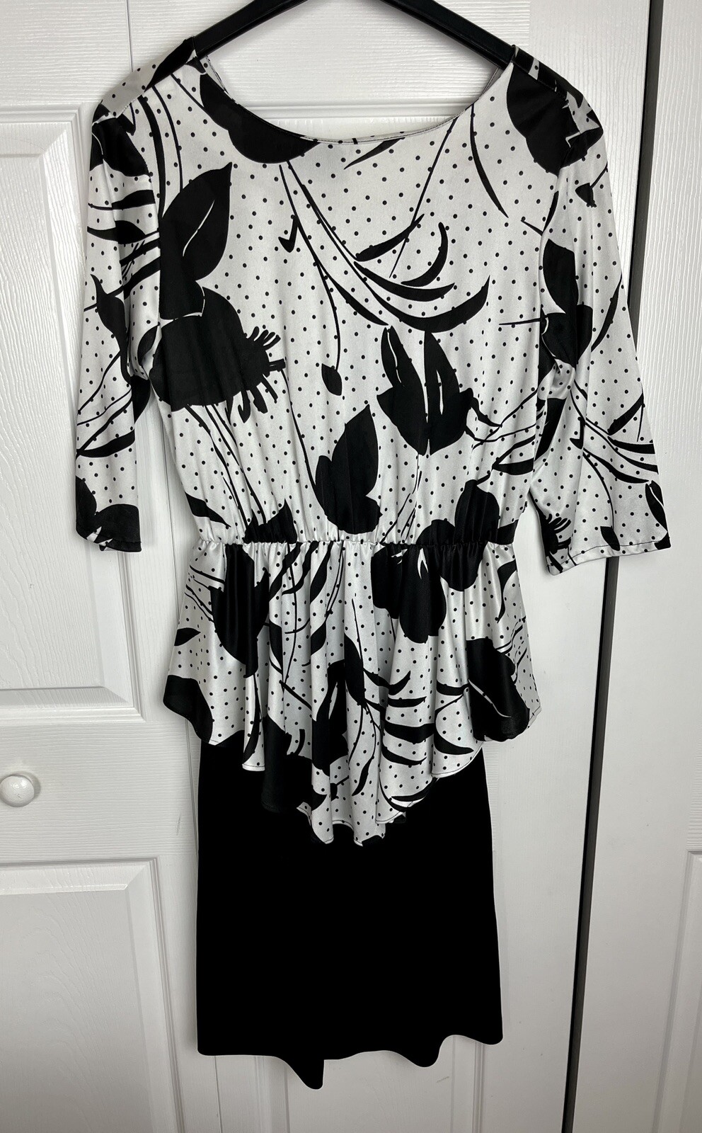 Floral Peplum Dress Size 12 80’s Era KR of NY 3/4 Sleeve Black and White Vintage
